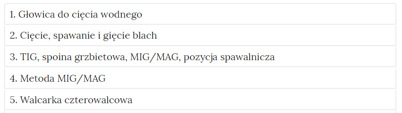 Zdjęcie przedstawia przykładowy wygląd zakładek zawierających interaktywne materiały sprawdzające. Składają się one z prostokątnych paneli umieszczonych jeden pod drugim. Każdy panel posiada numer oraz tytuł, który nawiązuje do zawartego w nim zadania.