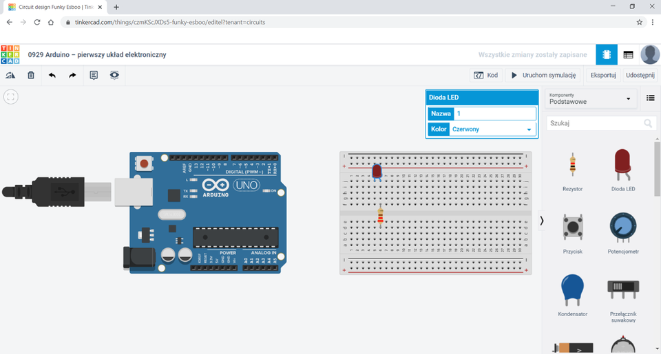 Na zrzucie ekranu przedstawione jest środowisko Tinkercad.  Ponad obszarem roboczym znajduję się tytuł: 0929 Arduino – pierwszy układ elektroniczny. W obszarze roboczym znajdują się obok siebie płytka Arduino oraz płytka stykowa z trzydziestoma wierszami. Wiersze ponumerowano od 1 do 30. Poszczególne kolumny podpisano. Na górnym obszarze: j i h g f. Na dolnym obszarze: e d c b a. Na płytce stykowej umieszczono rezystor w pozycji pionowej oraz czerwoną diodę LED. Rezystor ma oznaczenia kolejno od góry: złoty, czerwony, czarny, brązowy. Jedną nogę rezystora umieszczono w kolumnie f w wierszu 6, drugą w kolumnie d w wierszu 6. Jedną nogę diody umieszczono w kolumnie j w wierszu 5, a druga w kolumnie j w wierszu 6. Nad płytką stykową znajduję się okno Dioda LED. W oknie tym znajdują się dwa pola: Nazwa z wpisaną wartością 1 oraz Kolor z wybraną wartością czerwony. Po prawej stronie obszaru roboczego znajduje się okno z komponentami.