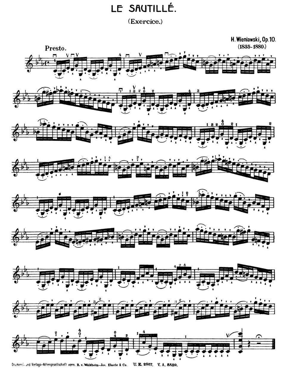 Ilustracja przedstawia zapis nut utworu Henryka Wieniawskiego, „L'école moderne. Études‑caprices pour le violon seul”, „Etiuda c‑moll” nr 1, „Le Sautille” skoki smyczkiem op. 10.