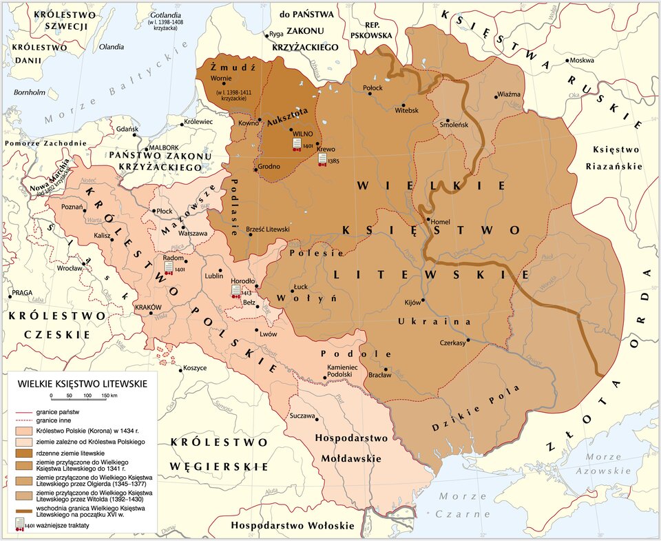 Mapa przedstawia Wielkie Księstwo Litewskie.  Granica Królestwa Polskiego, które leży na północnym zachodzie Europy w 1434 roku przebiega wzdłuż miast: Kamieniec Podolski, Lwów, Kraków, Radom, Kalisz, Poznań. Na zachód od Królestwa Polskiego leży Królestwo Czeskie i Królestwo Węgierskie.  Ziemie zależne od Królestwa Polskiego znajdują się na południu. Jest to Hospodarstwo Mołdawskie z miastem Suczawa obok Morza Czarnego. Na zachód od Królestwa Polskiego jest Mazowsze z miastem Warszawa, na wschodzie miasto Bełz i okolice. Dużą powierzchnię Europy wschodniej zajmuje Wielkie Księstwo Litewskie. Należą do niego miasta: Kijów, Krewo, Wilno, Połock, Wornie, Brześć Litewski. Na wschodzie od Wielkie Księstwa Litewskiego są Księstwa Ruskie i Złota Orda. Na północnym zachodzie znajdują się rdzenne ziemie litewskie, do których należy Żmudź, Auksztota.  Północna część Wielkiego Księstwa Litewskiego to ziemie przyłączone do niego w 1341 roku. Należą do nich miasta: Połock, Brześć Litewski, Witebsk. Środkowa część to ziemie przyłączone przez Olgierda żyjącego w latach 1345‑1377. Należą do mniej miasta: Łuck, Kijów, Homel, Czerkasy, Bracław. Południowa część Księstwa to ziemie przyłączone do Wielkiego Królestwa Litewskiego przez Witolda, który żył w latach 1392‑1430. Należą do niej tereny o nazwie Dzikie Pola. Fragment terytorium przyłączonego do księstwa przez Witolda znajduje się także na północnym wschodzie. Należą do niego miasta: Smoleńsk i Wiaźma. Wzdłuż terytorium Wielkiego Księstwa Litewskiego przechodzi linia wyznaczająca wschodnią granicę na początku szesnastego wieku. Linia ta przebiega blisko miast: Połock, Witebsk, Smoleńsk, Homel. Na mapie zaznaczone są daty zawarcia ważnych traktatów: Wilno - 1401 rok, Krewo - 1385 rok, Radom - 1401 rok, Horodło - 1413 rok. Na mapie jest zaznaczone Morze Bałtyckie, Morze Czarne, Morze Azowskie.