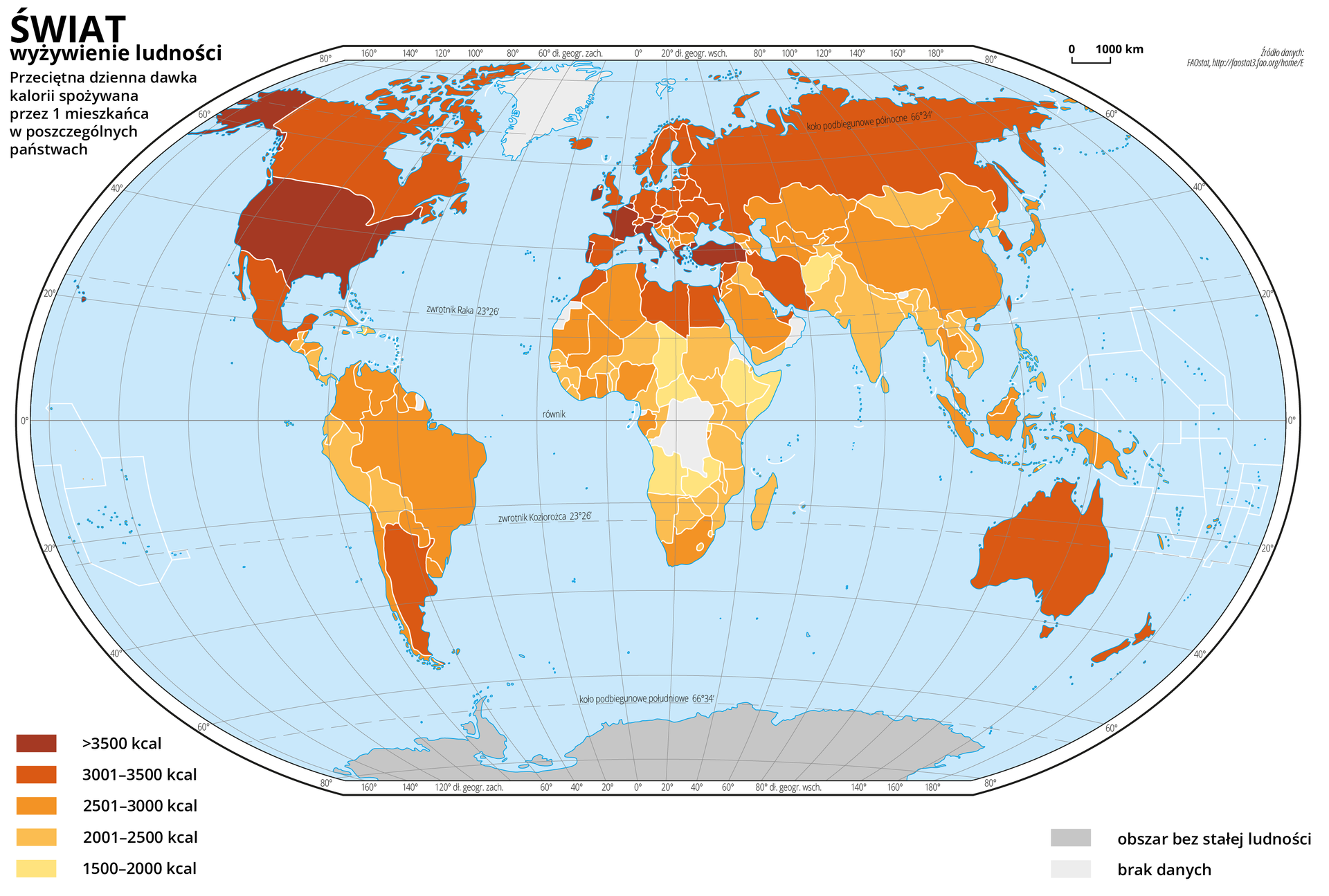 Ilustracja przedstawia mapę świata. Wody zaznaczono kolorem niebieskim. Na mapie za pomocą kolorów (czerwony, trzy odcienie pomarańczowego, żółty) przedstawiono przeciętną dzienną dawkę kalorii spożywaną przez jednego mieszkańca w poszczególnych państwach. Mapa pokryta jest równoleżnikami i południkami. Dookoła mapy w białej ramce opisano współrzędne geograficzne co dwadzieścia stopni. Po lewej stronie mapy narysowano kolorowe prostokąty i opisano przeciętną dzienną dawkę kalorii spożywaną przez jednego mieszkańca. Kolorem czerwonym oznaczono obszary, w których liczba kalorii przekracza trzy i pół tysiąca, ciemnopomarańczowym – od trzech do trzech i pół tysiąca kalorii, pomarańczowym – od dwóch i pół do trzech tysięcy kalorii, jasnopomarańczowym – od dwóch do dwóch i pół tysięcy kalorii, kolorem żółtym – od półtora tysiąca do dwóch tysięcy kalorii. Kolor czerwony i ciemnopomarańczowy występuje w Ameryce Północnej, Europie, północnej części Azji, Australii, Argentynie oraz północnej części Afryki. Na pozostałym obszarze występuje kolor jasnopomarańczowy i żółty. Najwięcej koloru żółtego w centralnej Afryce. 