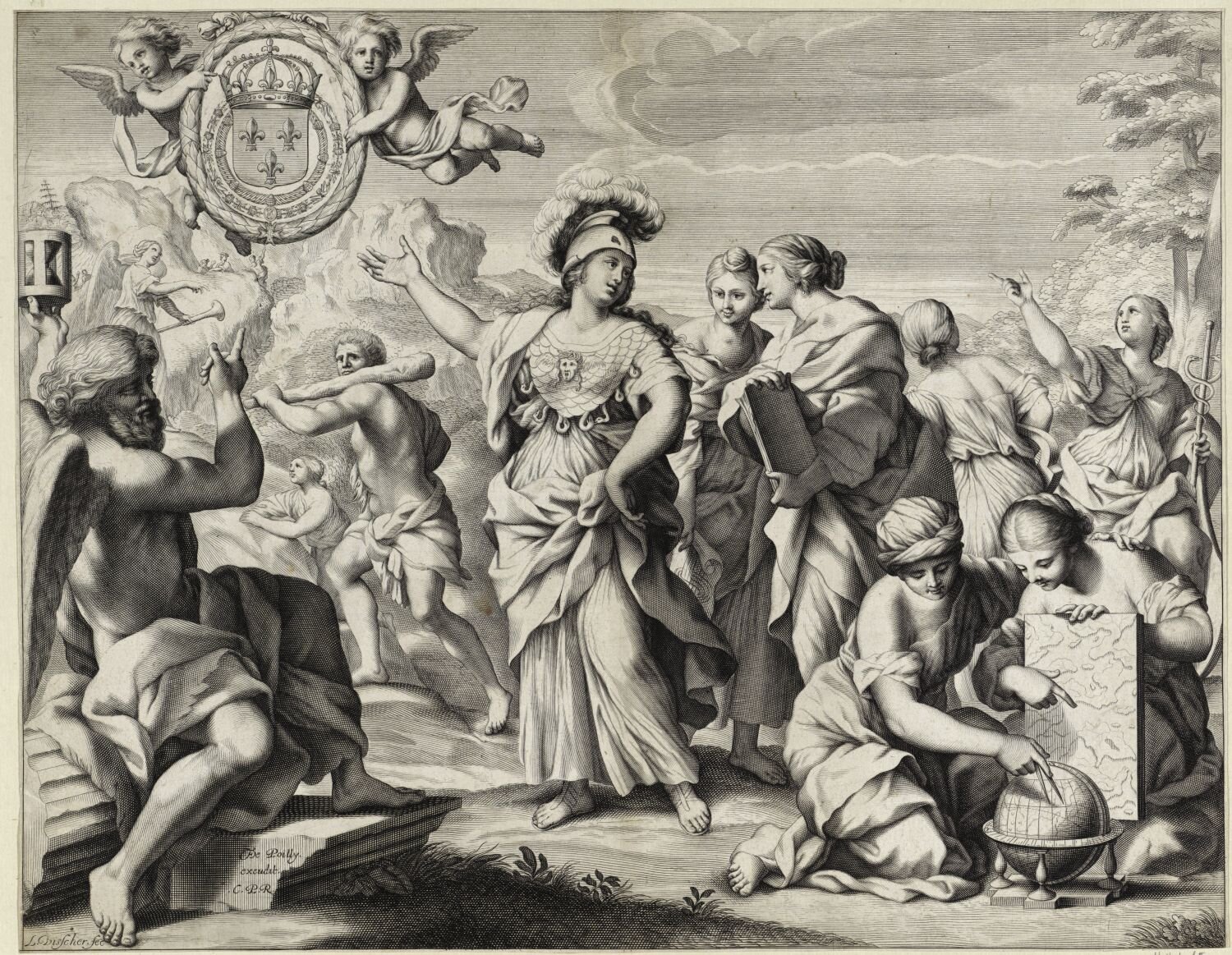 Rysunek przedstawia wiele postaci, niektóre z nich mają skrzydła anielskie. W centrum obrazu stoi postać ubrana w odświętne szary ze zdobieniami i hełmem zakończonym na czubku piórami, jedną rękę unosi ku niebu w geście prezentacji. Wokół niego są ludzie, jedni pokazują coś na globusie, inni mają maczugę, kilku wskazuje rękoma na niebo w kierunku aniołków. Na niebie dwa małe aniołki trzymające herb.