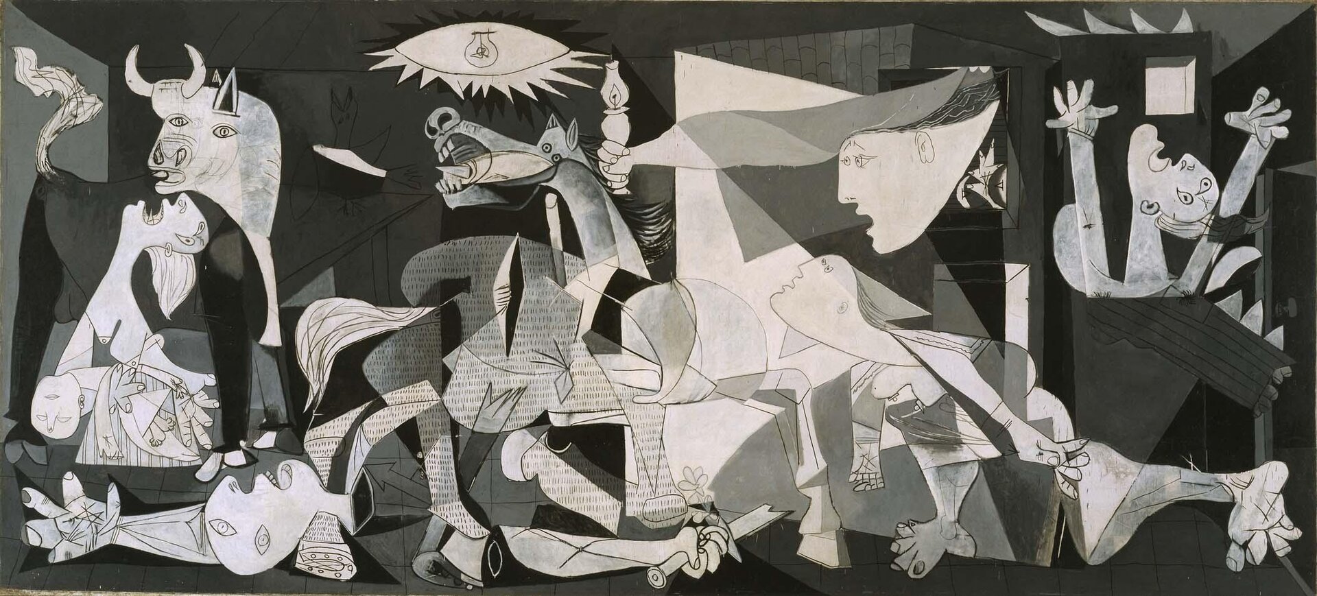 Ilustracja przedstawia obraz Pablo Picasso „Guernica”. Obraz jest czarno-biały i przedstawia widok na ofiary bombardowania miasta Guernica. Ludzie jak i zwierzęta sprawiają wrażenie przerażonych, widoczny jest ból w oczach. Po lewej stronie obrazu widoczna jest matka z zabitym dzieckiem. W dolnej części obrazu widoczne są zwłoki, oraz cierpiące zwierzęta.