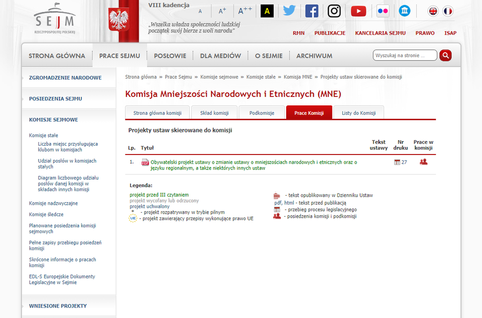 Zdjęcie przedstawia stronę internetową Sejmu. Zakładki: Strona główna, Prace Sejmu, Posłowie, Dla mediów, O Sejmie, Archiwum. Strona otwarta na Komisji Mniejszości Narodowych i Etnicznych na obywatelskim projekcie ustawy o zmianie ustawy o mniejszościach narodowych i etnicznych oraz języku regionalnym. 