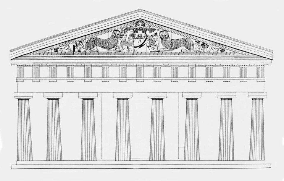 Ilustracja przedstawia schemat zachodniej części (frontalnej) Świątyni Artemidy na Korfu. Są widoczne kolumny i ozdobny portyk nad nimi.