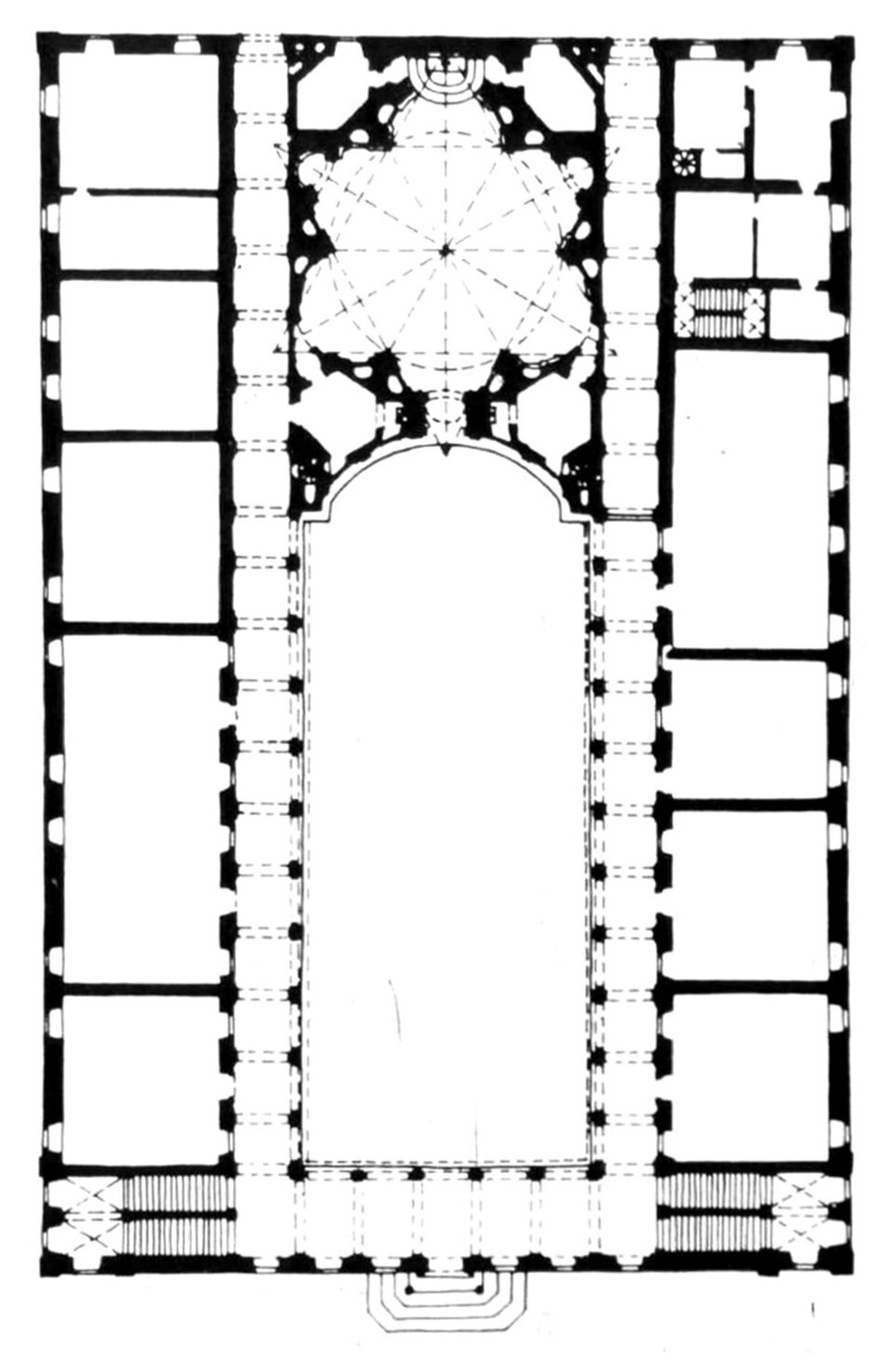Czarno‑biały rzut architektoniczny kościoła na planie podłużnym z prostokątną nawą główną otoczoną symetrycznymi pomieszczeniami oraz ośmioboczną, gwiaździstą przestrzenią kopuły u góry planu; grube, czarne linie oznaczają mury, a przerywane linie wyznaczają osie konstrukcyjne.