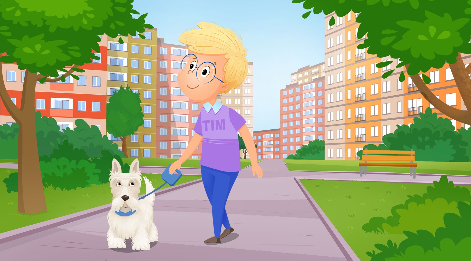 Na ilustracji znajduje się Tim spacerujący z psem.