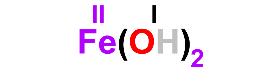 Wzór sumaryczny wodorotlenku żelaza(dwa) F e otwarcie nawiasu O H zamknięcie nawiasu indeks dolny dwa. Nad symbolem metalu znajduje się rzymska cyfra dwa, oznaczająca wartościowość. Nad grupą wodorotlenową znajduje się rzymska cyfra jeden. Symbol żelaza, jego wartościowość oraz cyfra dwa w indeksie dolnym zostały przedstawione kolorem fioletowym. Symbol atomu tlenu przedstawiono kolorem czerwonym, a atom wodoru kolorem – szarym.