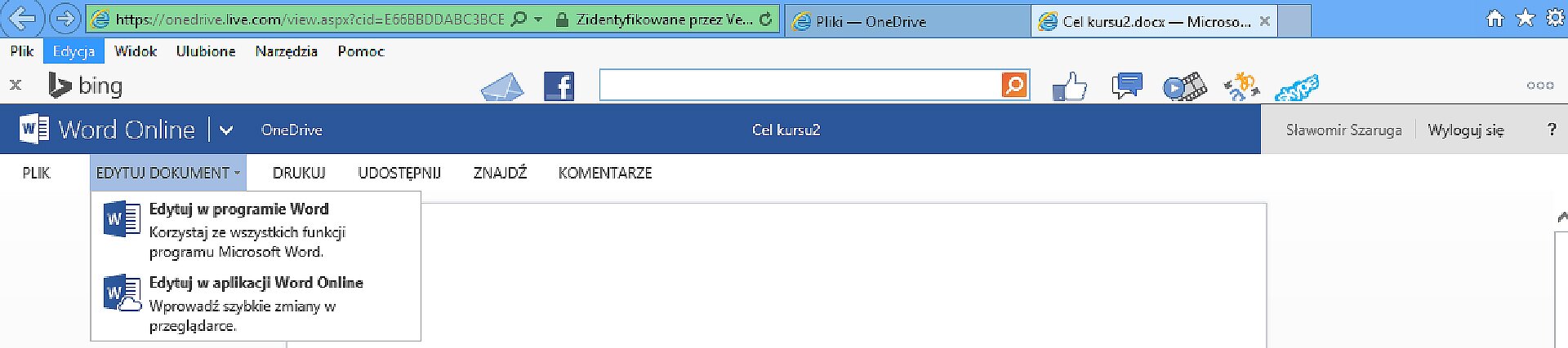 Zrzut górnego panelu okna dysku OneDrive z pokazaną rozwijalną listą: Edytuj dokument