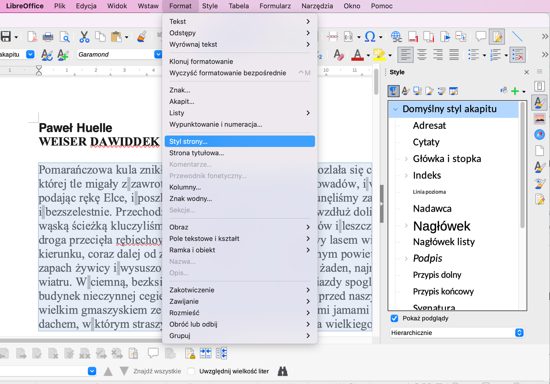 Ilustracja przedstawia formatowanie tekstu w LibreOffice. Z menu wybrano zakładkę Format. Następnie z listy wybrano Styl strony. Po prawej stronie z listy wybrano opcję Domyślny styl akapitu. 