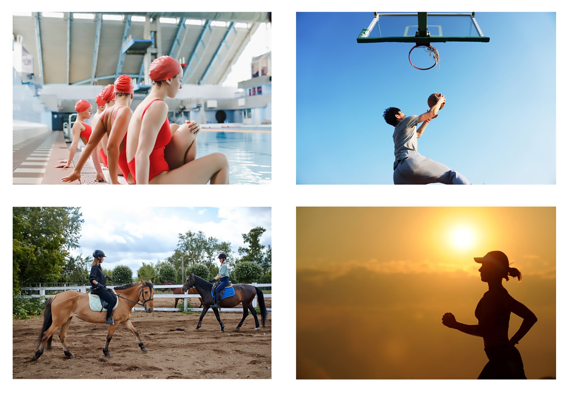 Ilustracja przedstawia montaż z czterech zdjęć przedstawiających różne dziedziny sportu. Pierwsze zdjęcie prezentuje kryty basen. Na brzegu siedzą kobiety w identycznych czepkach i strojach. Na drugim zdjęciu obserwujemy mężczyznę z piłką, który celuje w kosz. Trzecie zdjęcie ukazuje padok z dwoma końmi i amazonkami, które na głowach mają toczki, a na nogach długie buty do kolan. Na ostatnim obserwujemy  kobietę uprawiającą jogging.W tle widoczny jest zachód  słońca. 