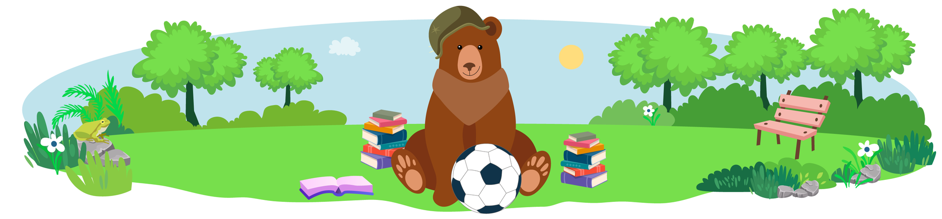 Ilustracja przedstawia zieloną polanę, dookoła której rosną zielone krzewy, drzewa liściaste i pojedyncze białe kwiaty. W tle widać błękitne niebo ze słońcem i pojedynczą jasną chmurą. Po lewej stronie leżą dwa szare kamienie. Na jednym z nich siedzi zielona żaba. Po prawej stronie stoi jasnoróżowa ławka. Obok niej leży kolejnych kilka kamieni. Na środku polany siedzi brązowy niedźwiedź brunatny w ciemnozielonym hełmie wojskowym. Przed niedźwiedziem leży czarno‑biała piłka. Na lewo od zwierzęcia leży otwarta książka. Nieco dalej znajduje się stos książek w kolorowych okładkach. Drugi stos stoi na prawo od niedźwiedzia.