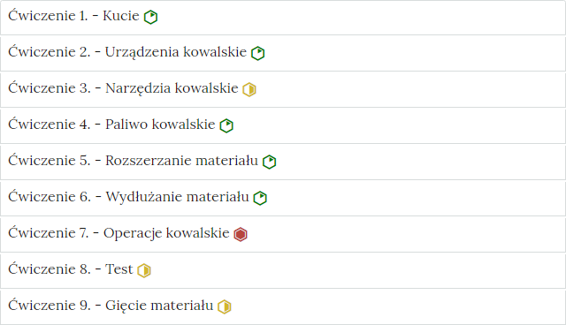 Zdjęcie przedstawia przykładowy wygląd zakładek zawierających interaktywne materiały sprawdzające. Składają się one z prostokątnych paneli umieszczonych jeden pod drugim. Każdy panel posiada numer oraz tytuł, który nawiązuje do zawartego w nim zadania.