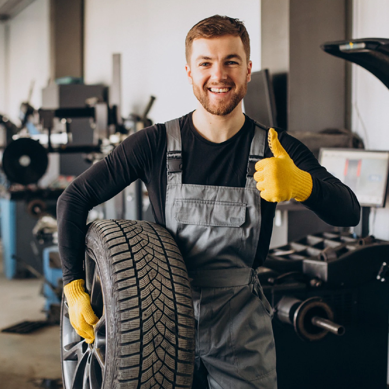 Ilustracja przedstawia uśmiechniętego mechanika trzymającego pod prawą pachą koło samochodu. Gestem lewej dłoni pokazuje podniesiony kciuk. Mechanik ubrany jest w kombinezon roboczy, a na dłoniach ma rękawiczki ochronne. W tle widoczny jest warsztat samochodowy.