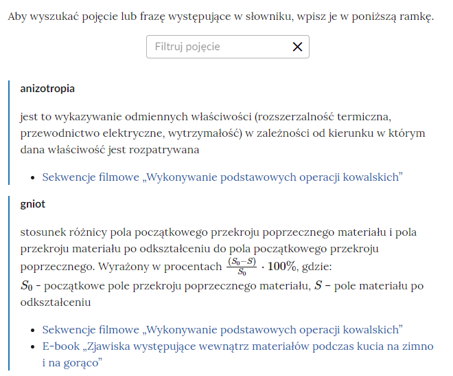 przykładowa grafika ukazująca górną część słownika z polem do filtrowania haseł oraz przykładowe hasła z definicjami.