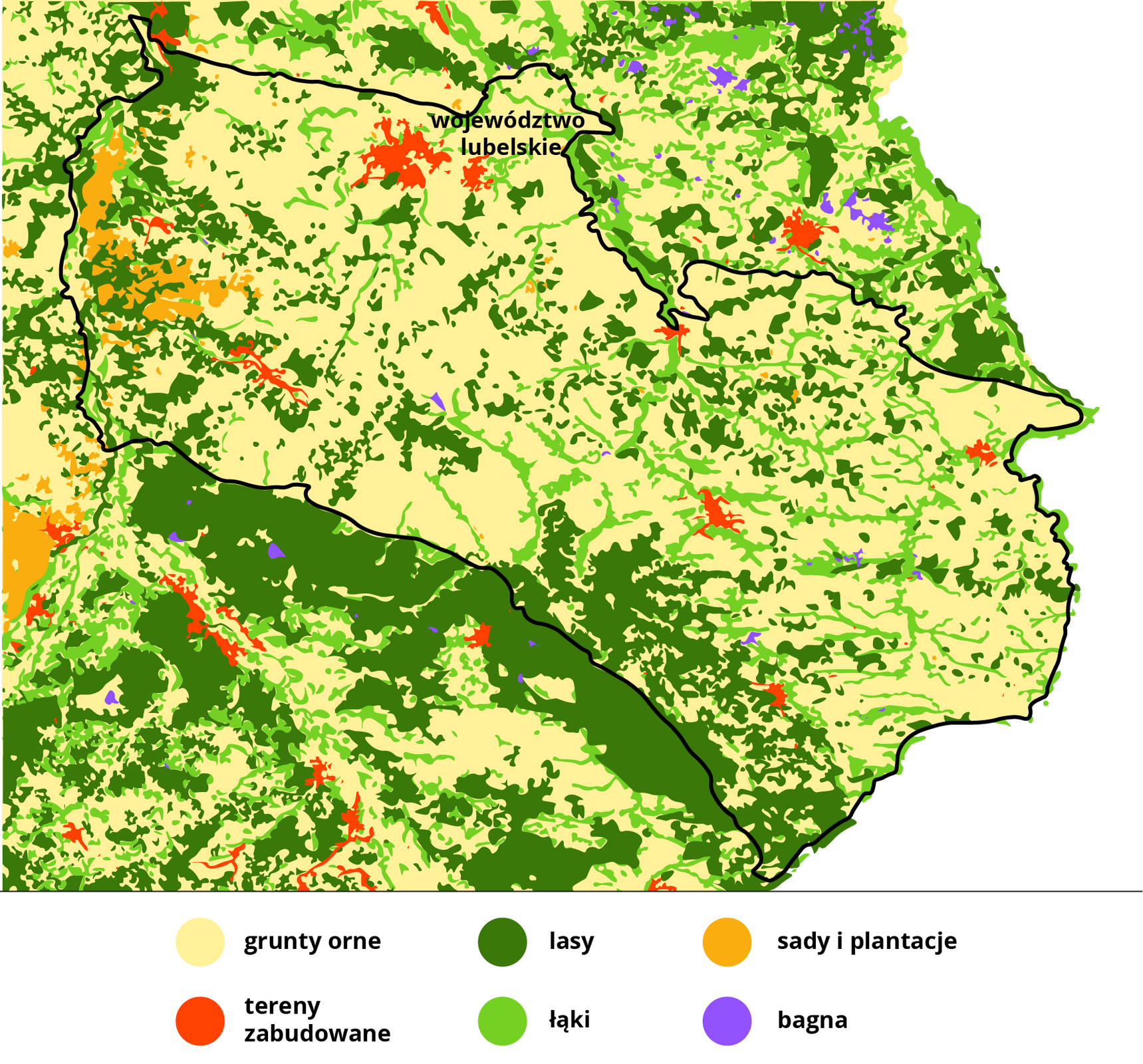 Mapa przedstawiająca użytkowanie terenu na Wyżynie Lubelskiej i Roztoczu. Przedstawiono grunty orne, lasy, sady i plantacje, tereny zabudowane, bagna. Na terenie Wyżyny Lubelskiej i Roztocza znajdują się głównie grunty orne oraz lasy. Na zachodzie tego obszaru występują również sady. Tereny zabudowane znajdują się w okolicy dużych miast takich jak Lublin, Chełm czy Zamość. Na południowo wschodnim obszarze wyżyny jest duży obszar lasu. Od południa Wyżyna sąsiaduje z dużym zalesionym obszarem. Na mapę nałożono siatkę południków i równoleżników co trzydzieści minut.