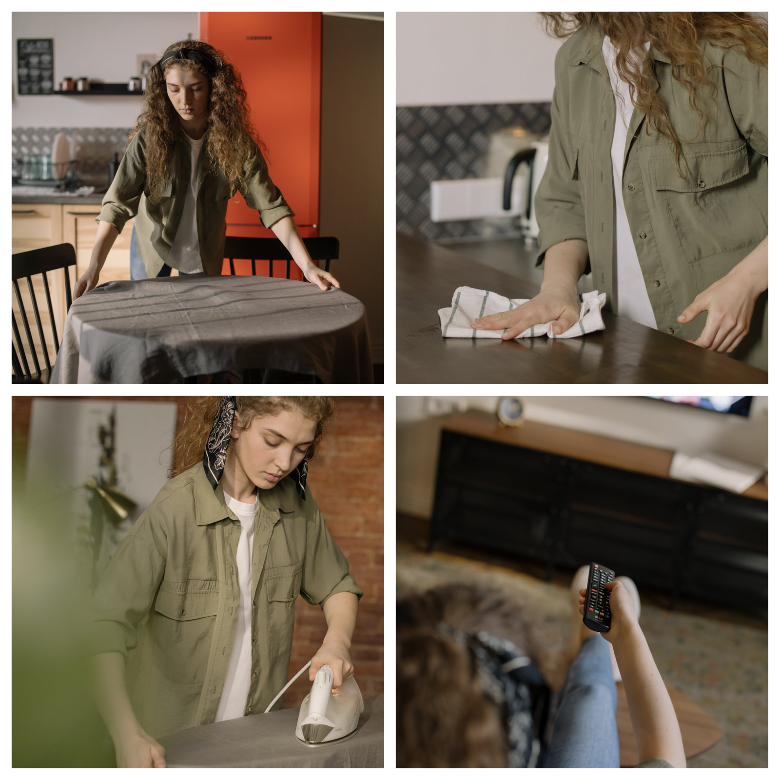 Ilustracja przedstawia kolaż czterech zdjęć. Na pierwszym zdjęciu młoda kobieta nakrywa stół kuchenny obrusem. Na drugim wyciera blat ściereczką. Na trzecim prasuje. Na czwartym zdjęciu siedzi na kanapie i przełącza pilotem kanały w telewizji.