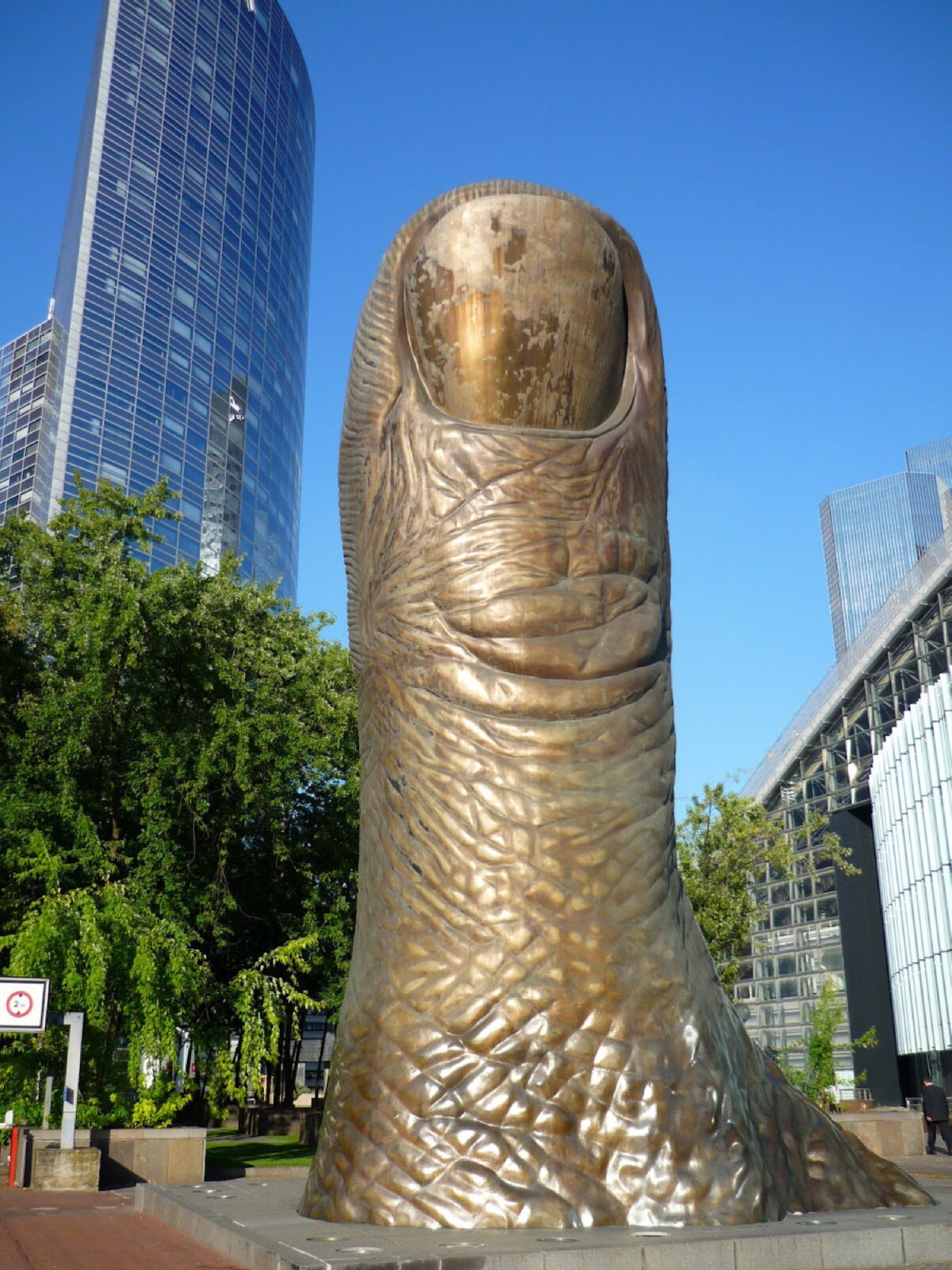 Fotografia przedstawia rzeźbę umieszczoną na niskim podwyższeniu przypominającym szarą brukowaną kostkę. Rzeźba ukazuje dużego rozmiaru ludzkiego kciuka ze zróżnicowaną fakturą skóry. Jest koloru złoto‑brązowego, widoczne są na niej liczne linie i zgłębienia naturalne dla skóry człowieka, odbarwiony paznokieć oraz fragment linii papilarnych. Widoczny jest od strony zewnętrznej z paznokciem. W tle widać jasnoczerwoną kostkę brukową, drzewa o zielonych liściach, a także szare budynki, z których jeden, uchwycony z lewej strony, jest bardzo wysoki. Niebo jest bezchmurne, intensywnie niebieskie.