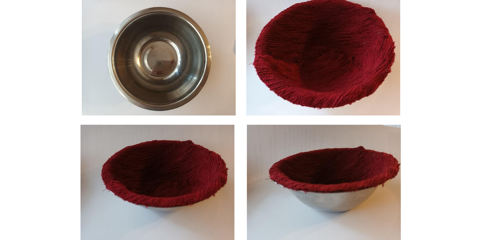 Zdjęcie przedstawia cztery metalowe miski. Trzy miski są wyłożone w środku czerwonym filcem.
