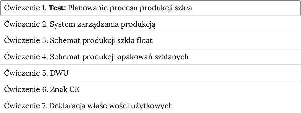 Ilustracja przedstawiona widok ćwiczeń do wyboru, element interaktywnych materiałów sprawdzających. Ćwiczenia dotyczą: planowania i przebiegu procesy wyroby szkła.
