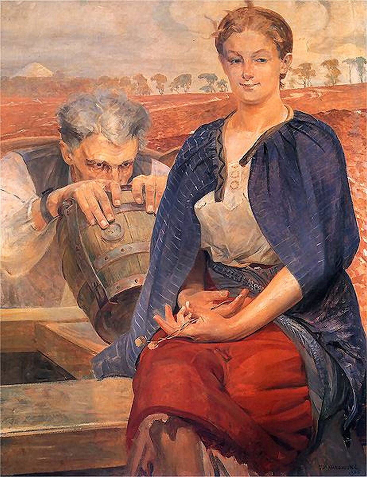 Ilustracja o kształcie pionowego prostokąta przedstawia obraz Jacka Malczewskiego "Zatruta studnia". Ukazuje dwie postacie – mężczyznę i kobietę. Mężczyzna o siwych włosach zagląda do stojącej na studni beczki. Na jego nadgarstku widoczne są kajdany. Na rogu studni siedzi kobieta ubrana w białą bluzkę i czerwoną spódnicę. Ma na sobie narzuconą niebieską pelerynę w prążki. Jest skierowana centralnie w stronę widza. Za nimi rozciąga się daleki pejzaż pól. Na horyzoncie rośnie rząd liściastych, jesiennych drzew. 