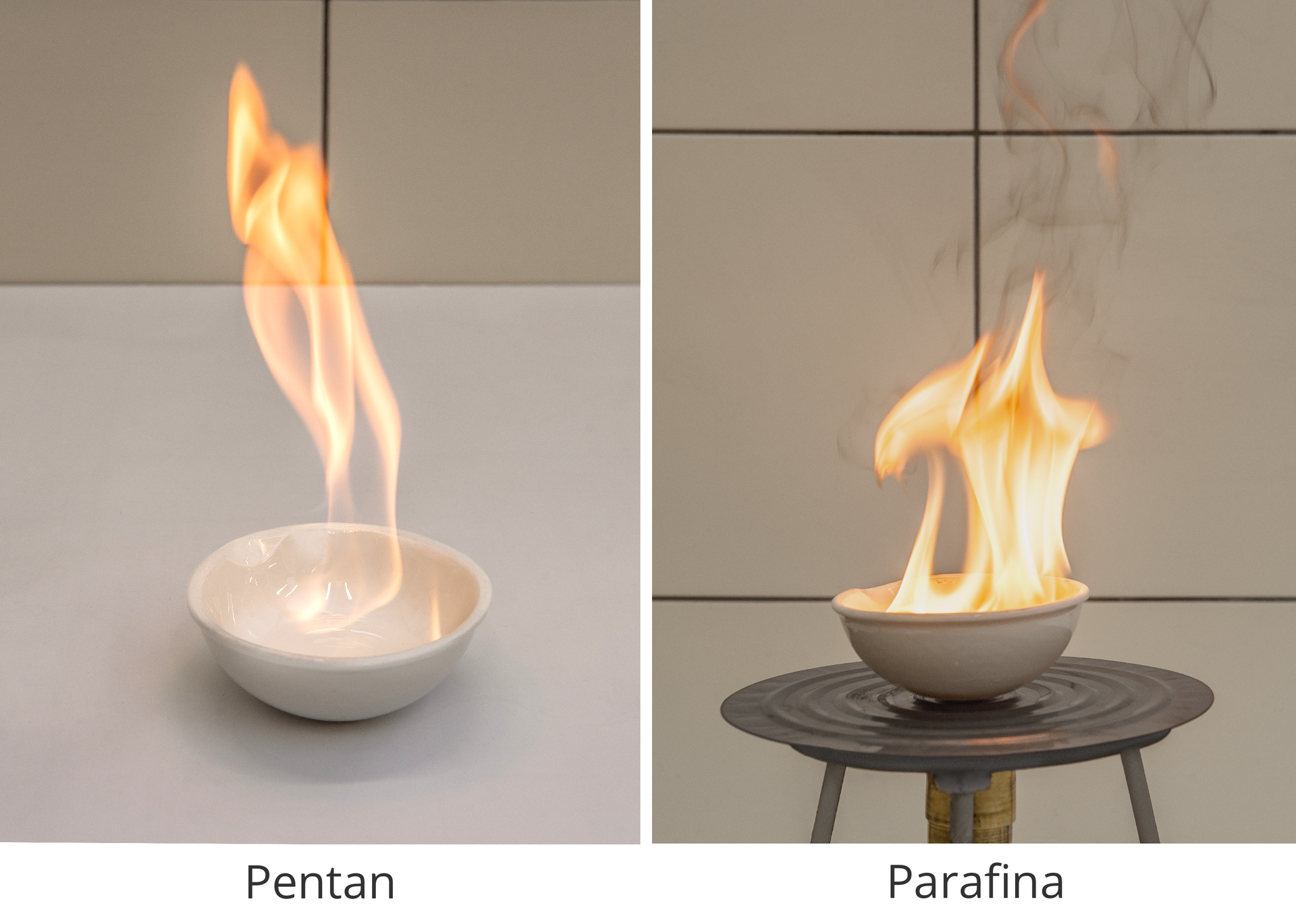 Grafika składająca się z 2 zdjęć przedstawiających spalanie pentanu i parafiny z dobrze widocznymi płomieniami.