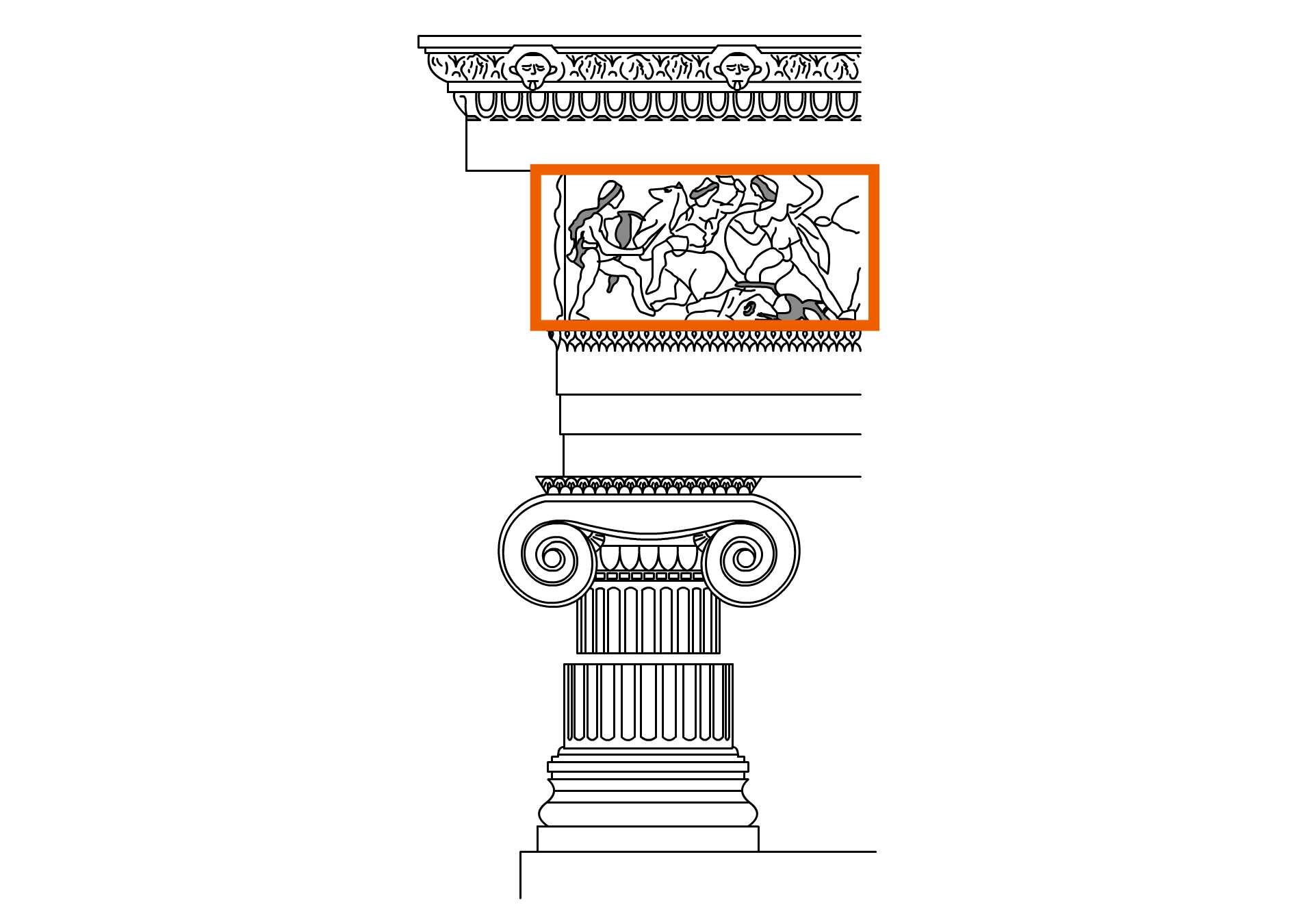 Ilustracja przedstawia fragment fryzu, na którym przedstawiona została scena walki - rozróżnić możemy dwie walczące ze sobą grupy - część walczy konno, a część na nogach. Fryz został oznaczony pomarańczową ramką w celu wyróżnienia elementu architektonicznego od innych elementów.