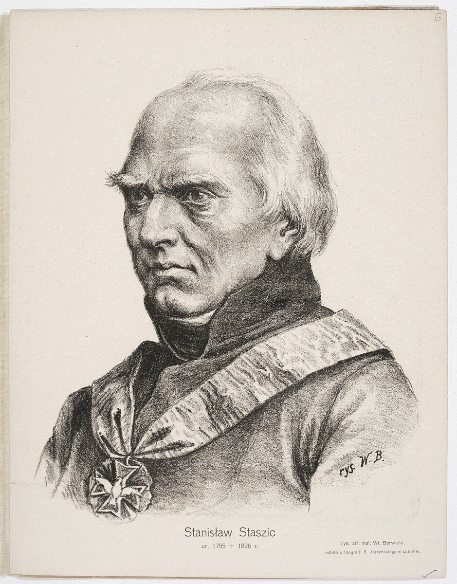 Portret dojrzałego, łysiejącego mężczyzny narysowany ołówkiem. Ma  wysokie czoło, krótkie, zaczesane do tyłu, siwe włosy. Nos jest orli, policzki zapadnięte. Jest ubrany w surdut ze stójką. Na jego szyi wisi na szerokiej szarfie medal z symbolem orła białego. Tło jest białe.