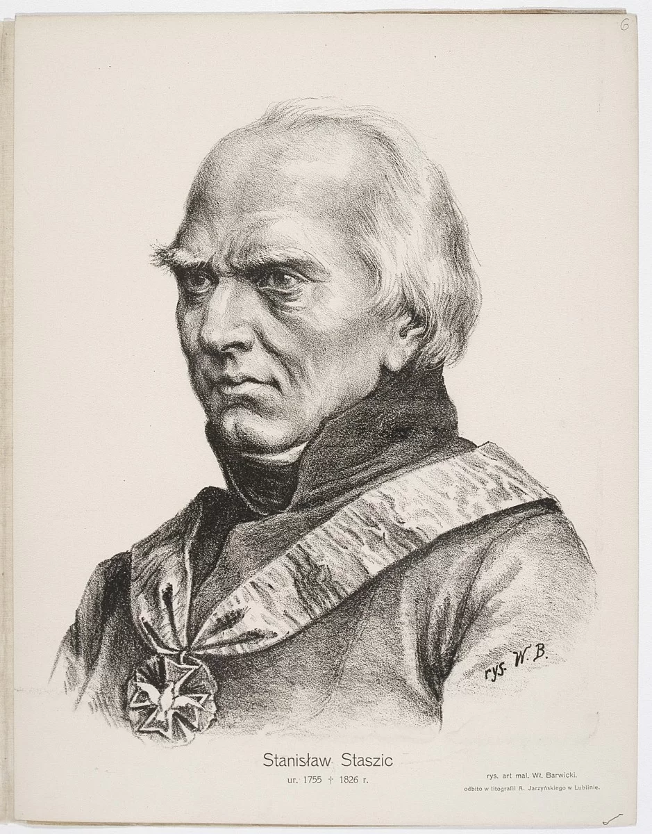 Portret dojrzałego, łysiejącego mężczyzny narysowany ołówkiem. Ma  wysokie czoło, krótkie, zaczesane do tyłu, siwe włosy. Nos jest orli, policzki zapadnięte. Jest ubrany w surdut ze stójką. Na jego szyi wisi na szerokiej szarfie medal z symbolem orła białego. Tło jest białe.