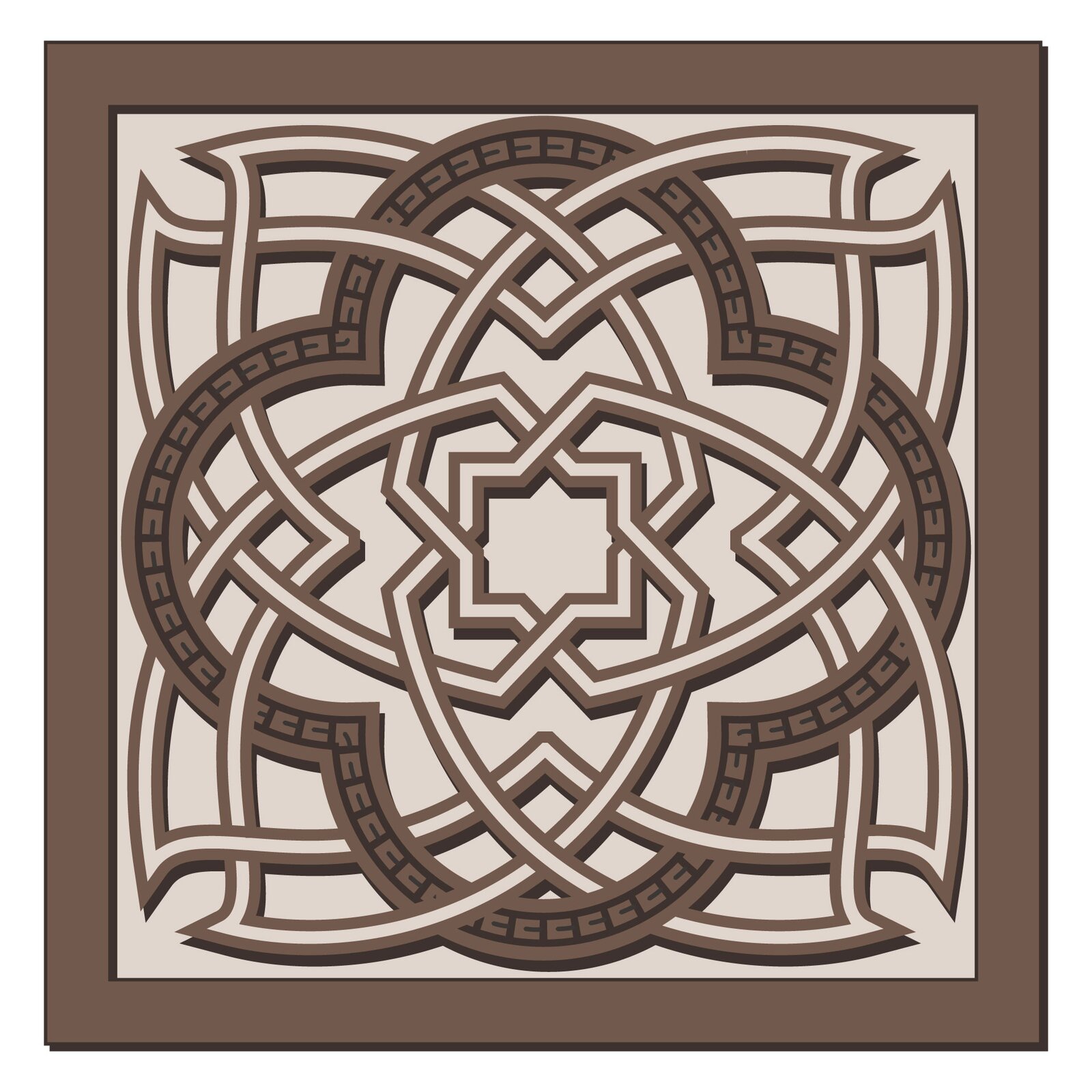 Grafika przedstawia maureskę, czyli rodzaj ornamentu, który charakteryzuje się tym, iż występują tutaj elementy roślinności, na przykład przeplatające się łodygi, liście i kwiaty, ułożone symetrycznie.