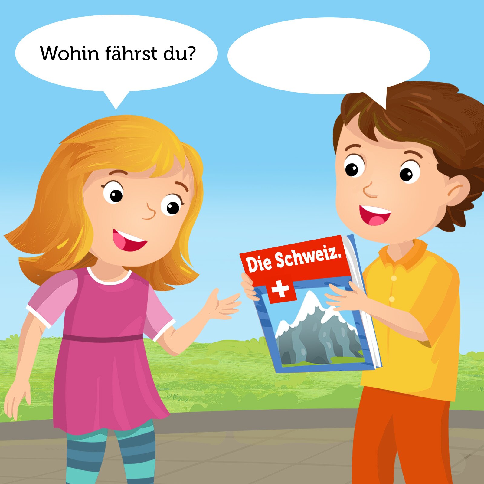Ilustracja przedstawia rozmowę dziewczynki i chłopaka. Dziewczynka pyta: Wohin fährst du?. Chłopak trzyma w rękach książkę o Szwajcarii. 