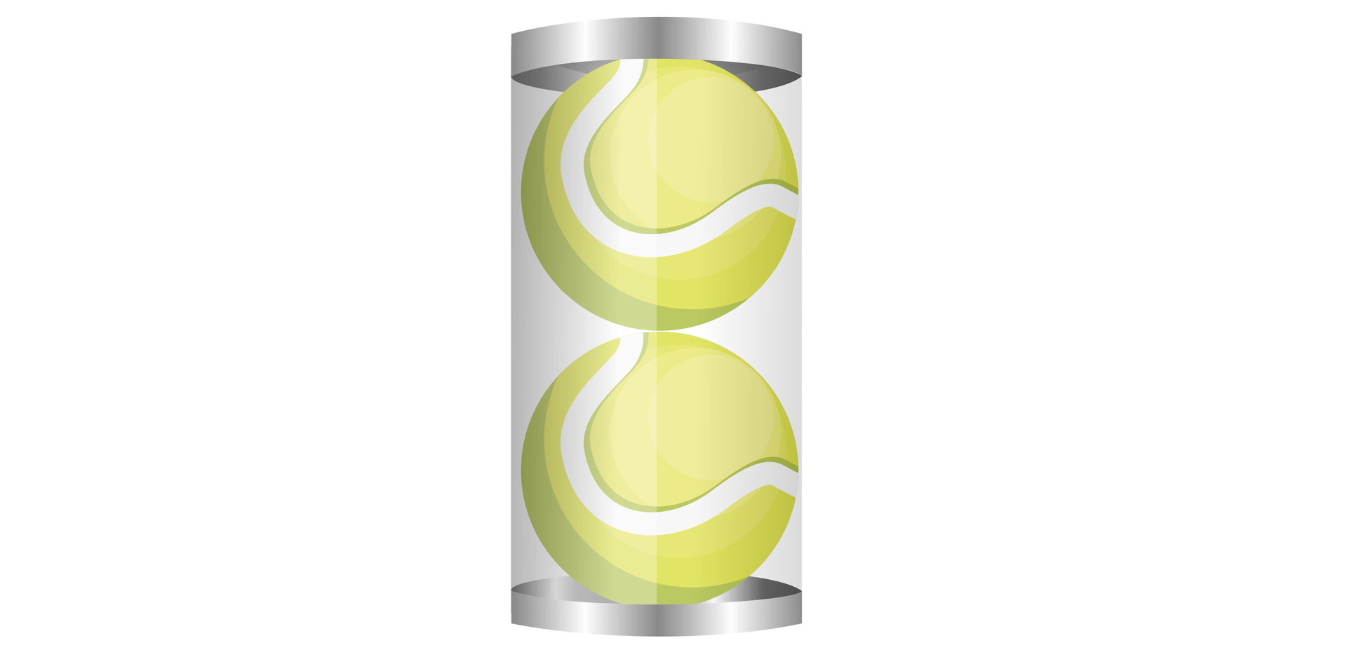 Na ilustracji przedstawiono pojemnik na piłki tenisowe w kształcie walca. W pojemniku znajdują się dwie piłki, ułożone jedna na drugiej styczne do obu podstaw i pola bocznego pojemnika.