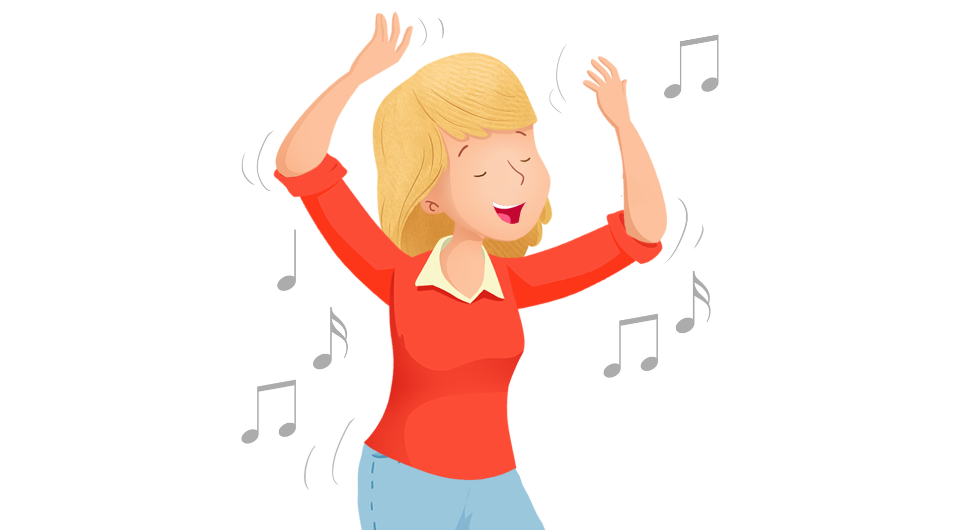 Ilustracja przedstawia kobietę tańczącą. Wokół niej rozrysowane są nuty i ma podniesione ręce.