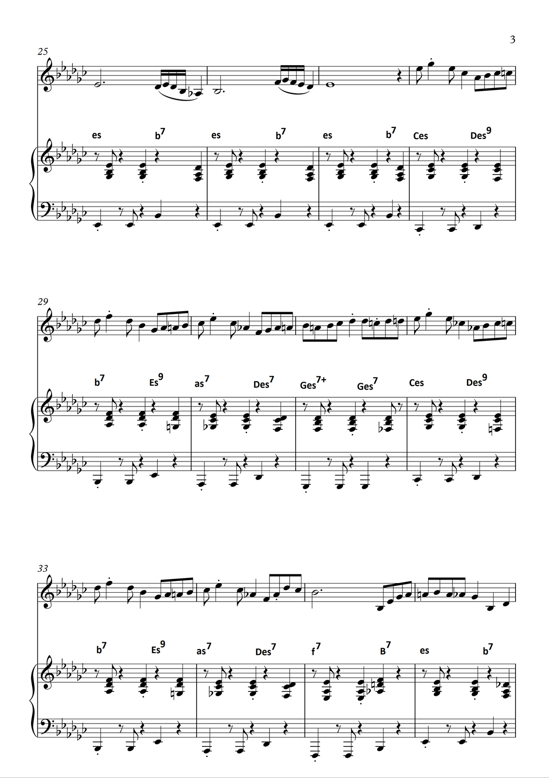 Take five” Grafika przedstawia partyturę utworu „Take five” autorstwaDave’a Brubecka”. Utwór jest napisany w tonacji Ges- dur. Partytura jest podzielona na dwie partie: instrumentu prowadzącego (w tym przypadku saksofonu altowego) oraz fortepianu. Wszystkie dźwięki znajdują się w obrębie oktaw od kontra do dwukreślnej; są zapisane w kluczu wiolinowym (saksofon) oraz wiolinowym i basowym (fortepian). W partii saksofonu na pierwsze dziewięć taktów zapisano pauzę generalną. W tym czasie gra wyłącznie fortepian. Na początku utworu zapisano złożony z dwóch akordów motyw: najpierw grany jest akord es‑moll, przez pierwsze trzy miary, a następnie akord b‑moll z septymą małą. W pierwszym takcie na pierwszą miarę w kluczu basowym w partii fortepianu grana jest ćwierćnuta es z artykulacją staccato . Następnie zapisano pauzę ósemkową, dalej ósemkę es. Na trzecią miarę zapisana jest pauza ćwierćnutowa, następnie na czwartą miarę ćwierćnuta b, a na miarę piątą ponownie pauza ćwierćnutowa. W kluczu wiolinowym w partii fortepianu na pierwszą miarę zapisana jest pauza ósemkowa, następnie ósemka‑trójdźwięk, złożona z dźwięków ges, b oraz es (tworząca akord es‑moll). Na drugą miarę zapisano pauzę ćwierćnutową, następnie na miarę trzecią zapisano taki sam trójdźwięk (g, b i es), ale jako ćwierćnutę z artykulacją staccato . Na miarę czwartą zapisano pauzę ćwierćnutową, natomiast na ostatnią, piątą miarę ćwierćnutę‑trójdźwięk, składającą się z dźwięków f, as oraz des (tworzący akord b‑moll z septymą małą). W pierwszych dwóch linijkach utworu, czyli w taktach od pierwszego do ósmego, grany na fortepianie motyw miejscami jest delikatnie zmieniany. W takcie drugim jedyną zmianą w stosunku do pierwszego jest zagranie w kluczu basowym na miarę trzecią pauzy ósemkowej (zamiast ćwierćnutowej) oraz dodatkowej ósemki es. Takt trzeci jest identyczny z pierwszym. W takcie czwartym zmieniony jest tylko grany na miarę trzecią trójdźwięk‑ćwierćnuta – tu grany jest tylko dwudźwięk, składający się z dźwięków ges oraz b (ale nadal z artykulacją staccato ). Takt piąty ponownie jest identyczny z pierwszym. W takcie szóstym jedyną zmianą w stosunku do pierwszego jest zagranie w kluczu wiolinowym na miarę raz i ósemki‑dwudźwięku (ges oraz b) zamiast trójdźwięku z dodatkowym es. Takt siódmy jest taki sam, jak takt pierwszy; takt ósmy jest identyczny z taktem czwartym, czyli zmieniony jest tylko grany na miarę trzecią trójdźwięk‑ćwierćnuta – tu grany jest tylko dwudźwięk, składający się z dźwięków ges oraz b (ale nadal z artykulacją staccato ). W kolejnej, trzeciej linijce, motyw grany na fortepianie jest taki sam we wszystkich taktach (czyli od dziewiątego do dwunastego). Jest on taki sam, jak w takcie pierwszym: na pierwszą miarę w kluczu basowym w partii fortepianu grana jest ćwierćnuta es z artykulacją staccato . Następnie zapisano pauzę ósemkową, dalej ósemkę es. Na trzecią miarę zapisana jest pauza ćwierćnutowa, następnie na czwartą miarę ćwierćnuta b, a na miarę piątą ponownie pauza ćwierćnutowa. W kluczu wiolinowym w partii fortepianu na pierwszą miarę zapisana jest pauza ósemkowa, następnie ósemka‑trójdźwięk, złożona z dźwięków ges, b oraz es (tworząca akord es‑moll). Na drugą miarę zapisano pauzę ćwierćnutową, następnie na miarę trzecią zapisano taki sam trójdźwięk (g, b i es), ale jako ćwierćnutę z artykulacją staccato . Na miarę czwartą zapisano pauzę ćwierćnutową, natomiast na ostatnią, piątą miarę ćwierćnutę‑trójdźwięk, składającą się z dźwięków f, as oraz des (tworzący akord b‑moll z septymą małą). W takcie dziewiątym w kluczu wiolinowym zapisano pauzę generalną. W kolejnym, dziesiątym takcie na miarę pierwszą zapisaną trwającą trzy miary pauzę półnutową z kropką. Na czwartą miarę grana jest ćwierćnuta es z artykulacją staccato , a na miarę piątą ćwierćnuta des. W takcie jedenastym na pierwszą miarę grana jest ćwierćnuta es z artykulacją staccato . Na miarę drugą zapisano pauzę ósemkową, a dalej ósemkę es. Na trzecią miarę zapisano pauzę ćwierćnutową. Na czwartą miarę grana jest ćwierćnuta b z artykulacją staccato , a na miarę piątą ćwierćnuta des. Takt dwunasty jest taki sam, jak poprzedni: na pierwszą miarę grana jest ćwierćnuta es z artykulacją staccato . Na miarę drugą zapisano pauzę ósemkową, a dalej ósemkę es. Na trzecią miarę zapisano pauzę ćwierćnutową. Na czwartą miarę grana jest ćwierćnuta b z artykulacją staccato , a na miarę piątą ćwierćnuta des. W kolejnej linijce, w taktach od trzynastego do szesnastego w partii saksofonu zapisano pauzy generalne. W partii fortepianu grany jest cztery razy ten sam motyw, co poprzednio. W taktach siedemnastym i osiemnastym w partii saksofonu zapisano pauzy generalne. W takcie dziewiętnastym na pierwszą miarę zapisano pauzę półnutową z kropką, a następnie na miarę czwartą szereg ósemek: kolejno b, es, ges oraz as. W takcie dwudziestym na pierwszą i drugą miarę zapisano cztery ósemki: a, b, a oraz as. Na trzecią miarę zapisano ćwierćnutę ges, na miarę czwartą ćwierćnutę b z artykulacją staccato , natomiast na ostatnią, piątą miarę ćwierćnutę des. Fortepian w taktach od siedemnastego do dwudziestego kontynuuje powtarzanie tego motywu, co wcześniej. W takcie dwudziestym pierwszym w partii saksofonu na pierwszą miarę grana jest półnuta z kropką es. Na miarę czwartą oraz piątą zapisano frazę: najpierw grane są cztery szesnastki, f, ges, f oraz es, a następnie ćwierćnuta des. W takcie dwudziestym drugim na pierwszą miarę grana jest półnuta z kropką es. Na miarę czwartą oraz piątą ponownie zapisano frazę, składającą się jednak z innych dźwięków: najpierw cztery szesnastki, des, es, des oraz b, a następnie grana jest ćwierćnuta as. W takcie dwudziestym trzecim na pierwszą miarę zapisano półnutę z kropką b. Na miarę czwartą grane są ósemki: kolejno b, es, ges oraz as. W takcie dwudziestym czwartym na pierwszą i drugą miarę zapisano cztery ósemki: a, b, a oraz as. Na trzecią miarę zapisano ćwierćnutę ges, na miarę czwartą ćwierćnutę b z artykulacją staccato , natomiast na ostatnią, piątą miarę ćwierćnutę des. W taktach od dwudziestego pierwszego do dwudziestego czwartego fortepian nadal powtarza motyw z taktu pierwszego (składający się z akordów es‑moll oraz b‑moll z septymą małą). W takcie dwudziestym piątym na pierwszą miarę grana jest półnuta z kropką es. Na miarę czwartą oraz piątą zapisano frazę, składającą się z czterech szesnastek (des, es, des oraz b), a następnie ćwierćnuty as. W kolejnym, dwudziestym szóstym takcie na pierwszą miarę grana jest półnuta z kropką b. Na miarę czwartą oraz piątą zapisano frazę: najpierw grane są cztery szesnastki, f, ges, f oraz es, a następnie ćwierćnuta des. W takcie dwudziestym siódmym zapisano całą nutę es na pierwszą miarę, a na miarę piątą pauzę ćwierćnutową. W takcie dwudziestym ósmym na pierwszą miarę grana jest ósemka es, następnie ćwierćnuta ges z artykulacją staccato . Dalej zapisano ósemkę es, na miarę trzecią ćwierćnutę ces, na miry czwartą oraz piątą cztery ósemki: as, b, ces oraz c. W taktach od dwudziestego piątego do dwudziestego siódmego fortepian wciąż powtarza uprzedni motyw. W takcie dwudziestym ósmym gra już inne niż do tej pory akordy. W kluczu basowym na pierwszą miarę zapisano ćwierćnutę ces z artykulacją staccato , dalej na miarę druga pauzę ósemkową, następnie ósemkę ces. Na miarę trzecią zaznaczono pauzę ćwierćnutową. Na czwartą miarę grana jest ćwierćnuta des, a na miarę piątą ponownie pauza ćwierćnutowa. W kluczu wiolinowym zapisano akordy: na pierwsze trzy miary akord Ces‑dur, na miary czwartą oraz piątą dominantę septymową z noną wielką des. Na pierwszą miarę zapisano pauzę ósemkową, następnie ósemkę‑trójdźwięk, składającą się z dźwięków ges, ces oraz es. Na miarę drugą zaznaczono pauzę ćwierćnutową, następnie na trzecią miarę trójdźwięk składający się z tych samych dźwięków, co poprzednio (ges, ces, es). Na czwartą miarę zapisano pauzę ćwierćnutową, a na miarę piątą ćwierćnutę‑trójdźwięk, złożoną z dźwięków f, ces oraz es. W takcie dwudziestym dziewiątym w partii saksofonu na pierwszą miarę grana jest ósemka des, następnie ćwierćnuta f z artykulacją staccato , a dalej ponownie ósemka des. Na trzecią miarę zapisano ćwierćnutę b, a na miary czwartą oraz piątą ósemki ges, as, a oraz b. W partii fortepianu w kluczu basowym na pierwszą miarę grana jest ćwierćnuta b (z artykulacją staccato ), następnie pauza ósemkowa, dalej ósemka b. Na miarę trzecią zapisano pauzę ćwierćnutową, na czwartą miarę ćwierćnutę es, a na ostatnią, piątą miarę pauzę ćwierćnutową. W kluczu wiolinowym w partii fortepianu na miarę pierwszą zapisano pauzę ósemkową, następnie ósemkę‑trójdźwięk, składającą się z dźwięków as, des oraz f. Na miarę drugą zapisano pauzę ćwierćnutową, a na trzecią miarę powtarzany jest taki sam trójdźwięk, jak poprzednio, ale jako ćwierćnuta. Na miarę czwartą zapisano pauzę ćwierćnutową, natomiast na piątą miarę trójdźwięk‑ćwierćnutę, składającą się z dźwięków g, des oraz f. Nad partią fortepianu zapisano akordy: nad pierwszymi trzema miarami b‑moll z septymą małą, natomiast nad miarami czwartą oraz piątą dominantę septymową z noną wielką es. W takcie trzydziestym w partii saksofonu na pierwszą miarę grana jest ósemka ces, następnie ćwierćnuta es z artykulacją staccato , a dalej ósemka ces. Na trzecią miarę wykonywana jest ćwierćnuta as, natomiast na miary czwartą oraz piątą ósemki: kolejno f, ges, as oraz a. W partii fortepianu w kluczu basowym na pierwszą miarę grana jest ćwierćnuta as z artykulacją staccato , następnie pauza ósemkowa oraz ósemka as. Na trzecią miarę zapisano pauzę ćwierćnutową, dalej ćwierćnutę des na miarę czwartą, a na miarę piątą ponownie pauzę ćwierćnutową. W kluczu wiolinowym nad partią zapisano akord as‑moll z septymą małą przez pierwsze trzy miary oraz dominantę septymową des na miary czwartą oraz piątą. Na pierwszą miarę zapisano pauzę ósemkową, po której grana jest ósemka‑trójdźwięk, składająca się z dźwięków ges, ces oraz es. Na drugą miarę zapisano pauzę ćwierćnutową, a na miarę trzecią ponownie trójdźwięk ges- ces‑es, tym razem jako ćwierćnutę. Na czwartą miarę zapisano pauzę ćwierćnutową, a na miarę piątą ćwierćnutę‑trójdźwięk: f, ces oraz des. W trzydziestym pierwszym takcie w partii saksofonu na pierwszą oraz drugą miarę grane są kolejno ósemki: b, a, b oraz ces. Na trzecią miarę wykonywana jest ćwierćnuta des z artykulacją staccato . Na miarę czwartą zapisano ósemki des oraz c (ta druga z artykulacją staccato ), natomiast na miarę piątą ósemki des oraz d. W partii fortepianu w kluczu basowym na pierwszą miarę grana jest ćwierćnuta ges, następnie pauza ósemkowa oraz ósemka ges. Dalej, na miarę trzecią, zapisano pauzę ćwierćnutową, następnie ćwierćnutę ges na czwartą miarę oraz pauzę ćwierćnutową na miarę piątą. W kluczu wiolinowym zapisano akordy: Ges‑dur z septymą wielką na miary od pierwszej do trzeciej oraz dominantę septymową ges na miary czwartą oraz piątą. Na pierwszą miarę zapisano pauzę ósemkową, następnie ósemkę‑trójdźwięk, złożoną z dźwięków f, b oraz des. Na drugą miarę zapisano pauzę ćwierćnutową, dalej ponownie trójdźwięk f‑b-es jako ćwierćnutę na miarę trzecią. Na czwartą miarę zapisano pauzę ćwierćnutową, a na miarę piątą trójdźwięk‑ćwierćnutę, złożoną z dźwięków fes, b oraz es. W takcie trzydziestym drugim na pierwszą miarę grana jest ósemka es, następnie ćwierćnuta ges z artykulacją staccato . Dalej zapisano ósemkę es, na miarę trzecią ćwierćnutę ces, na miry czwartą oraz piątą cztery ósemki: as, b, ces oraz c. W partii fortepianu w kluczu basowym na pierwszą miarę zapisano ćwierćnutę ces z artykulacją staccato , dalej na miarę druga pauzę ósemkową, następnie ósemkę ces. Na miarę trzecią zaznaczono pauzę ćwierćnutową. Na czwartą miarę grana jest ćwierćnuta des, a na miarę piątą ponownie pauza ćwierćnutowa. W kluczu wiolinowym zapisano akordy: na pierwsze trzy miary akord Ces‑dur, na miary czwartą oraz piątą dominantę septymową z noną wielką des. Na pierwszą miarę zapisano pauzę ósemkową, następnie ósemkę‑trójdźwięk, składającą się z dźwięków ges, ces oraz es. Na miarę drugą zaznaczono pauzę ćwierćnutową, następnie na trzecią miarę trójdźwięk składający się z tych samych dźwięków, co poprzednio (ges, ces, es). Na czwartą miarę zapisano pauzę ćwierćnutową, a na miarę piątą ćwierćnutę‑trójdźwięk, złożoną z dźwięków f, ces oraz es. W takcie trzydziestym trzecim w partii saksofonu na pierwszą miarę grana jest ósemka des, następnie ćwierćnuta f z artykulacją staccato , a dalej ponownie ósemka des. Na trzecią miarę zapisano ćwierćnutę b, a na miary czwartą oraz piątą ósemki ges, as, a oraz b. W partii fortepianu w kluczu basowym na pierwszą miarę grana jest ćwierćnuta b (z artykulacją staccato ), następnie pauza ósemkowa, dalej ósemka b. Na miarę trzecią zapisano pauzę ćwierćnutową, na czwartą miarę ćwierćnutę es, a na ostatnią, piątą miarę pauzę ćwierćnutową. W kluczu wiolinowym w partii fortepianu na miarę pierwszą zapisano pauzę ósemkową, następnie ósemkę‑trójdźwięk, składającą się z dźwięków as, des oraz f. Na miarę drugą zapisano pauzę ćwierćnutową, a na trzecią miarę powtarzany jest taki sam trójdźwięk, jak poprzednio, ale jako ćwierćnuta. Na miarę czwartą zapisano pauzę ćwierćnutową, natomiast na piątą miarę trójdźwięk‑ćwierćnutę, składającą się z dźwięków g, des oraz f. Nad partią fortepianu zapisano akordy: nad pierwszymi trzema miarami b‑moll z septymą małą, natomiast nad miarami czwartą oraz piątą dominantę septymową z noną wielką es. W takcie trzydziestym czwartym w partii saksofonu na pierwszą miarę grana jest ósemka ces, następnie ćwierćnuta es z artykulacją staccato , a dalej ósemka ces. Na trzecią miarę wykonywana jest ćwierćnuta as, natomiast na miary czwartą oraz piątą ósemki: kolejno f, ges, as oraz a. W partii fortepianu w kluczu basowym na pierwszą miarę grana jest ćwierćnuta as z artykulacją staccato , następnie pauza ósemkowa oraz ósemka as. Na trzecią miarę zapisano pauzę ćwierćnutową, dalej ćwierćnutę des na miarę czwartą, a na miarę piątą ponownie pauzę ćwierćnutową. W kluczu wiolinowym nad partią zapisano akord as‑moll z septymą małą przez pierwsze trzy miary oraz dominantę septymową des na miary czwartą oraz piątą. Na pierwszą miarę zapisano pauzę ósemkową, po której grana jest ósemka‑trójdźwięk, składająca się z dźwięków ges, ces oraz es. Na drugą miarę zapisano pauzę ćwierćnutową, a na miarę trzecią ponownie trójdźwięk ges‑ces‑es, tym razem jako ćwierćnutę. Na czwartą miarę zapisano pauzę ćwierćnutową, a na miarę piątą ćwierćnutę‑trójdźwięk: f, ces oraz des. W trzydziestym piątym takcie w partii saksofonu na pierwszą miarę grana jest półnuta z kropką b. Na miarę czwartą grane są ósemki: kolejno b, es, ges oraz as. W partii fortepianu w kluczu basowym na miarę pierwszą grana jest ćwierćnuta f, następnie pauza ósemkowa oraz ósemka f. Na miarę trzecią zapisano pauzę ćwierćnutową, dalej na czwartą miarę ćwierćnutę b, a na miarę piątą ponownie pauzę ćwierćnutową. W kluczu wiolinowym na pierwszą miarę zapisano pauzę ósemkową, następnie ósemkę‑trójdźwięk, składającą się z dźwięków es, as oraz es. Na miarę drugą zapisano pauzę ćwierćnutową, następnie ponownie taki sam trójdźwięk (es‑as‑es) jako ćwierćnutę z artykulacją staccato . Na miarę czwartą grany jest trójdźwięk- ćwierćnuta as, d oraz f. Na piątą miarę zapisano pauzę ćwierćnutową. Nad pierwszymi trzema miarami zapisano akord f‑moll z septymą małą, natomiast nad miarą czwartą oraz piątą dominantę septymową b. W takcie trzydziestym szóstym na pierwszą i drugą miarę zapisano cztery ósemki: a, b, a oraz as. Na trzecią miarę zapisano ćwierćnutę ges, na miarę czwartą ćwierćnutę b, natomiast na ostatnią, piątą miarę ćwierćnutę des. W partii fortepianu powraca motyw z taktu pierwszego: na pierwszą miarę w kluczu basowym w partii fortepianu grana jest ćwierćnuta es z artykulacją staccato . Następnie zapisano pauzę ósemkową, dalej ósemkę es. Na trzecią miarę zapisana jest pauza ćwierćnutowa, następnie na czwartą miarę ćwierćnuta b, a na miarę piątą ponownie pauza ćwierćnutowa. W kluczu wiolinowym w partii fortepianu na pierwszą miarę zapisana jest pauza ósemkowa, następnie ósemka‑trójdźwięk, złożona z dźwięków ges, b oraz es (tworząca akord es‑moll). Na drugą miarę zapisano pauzę ćwierćnutową, następnie na miarę trzecią zapisano taki sam trójdźwięk (g, b i es), ale jako ćwierćnutę z artykulacją staccato . Na miarę czwartą zapisano pauzę ćwierćnutową, natomiast na ostatnią, piątą miarę ćwierćnutę‑trójdźwięk, składającą się z dźwięków f, as oraz des (tworzący akord b‑moll z septymą małą). W takcie trzydziestym siódmym w partii saksofonu na pierwszą miarę grana jest półnuta z kropką es. Na miarę czwartą oraz piątą zapisano frazę: najpierw grane są cztery szesnastki, f, ges, f oraz es, a następnie ćwierćnuta des. W takcie trzydziestym ósmym na pierwszą miarę grana jest półnuta z kropką es. Na miarę czwartą oraz piątą ponownie zapisano frazę, składającą się jednak z innych dźwięków: najpierw cztery szesnastki, des, es, des oraz b, a następnie grana jest ćwierćnuta as. W takcie trzydziestym dziewiątym na pierwszą miarę zapisano półnutę z kropką b. Na miarę czwartą grane są ósemki: kolejno b, es, ges oraz as. W takcie czterdziestym na pierwszą i drugą miarę zapisano cztery ósemki: a, b, a oraz as. Na trzecią miarę zapisano ćwierćnutę ges, na miarę czwartą ćwierćnutę b z artykulacją staccato , natomiast na ostatnią, piątą miarę ćwierćnutę des. W taktach od trzydziestego siódmego do czterdziestego fortepian wciąż powtarza motyw z taktu pierwszego (składający się z akordów es‑moll oraz b‑moll z septymą małą). W takcie czterdziestym pierwszym na pierwszą miarę w partii saksofonu grana jest półnuta z kropką es. Na miarę czwartą oraz piątą zapisano frazę, składającą się z czterech szesnastek (des, es, des oraz b), a następnie ćwierćnuty as. W kolejnym, czterdziestym drugim takcie na pierwszą miarę grana jest półnuta z kropką b. Na miarę czwartą oraz piątą zapisano frazę: najpierw grane są cztery szesnastki, f, ges, f oraz es, a następnie ćwierćnuta des. W takcie czterdziestym trzecim zapisano całą nutę es na pierwszą miarę, a na miarę piątą pauzę ćwierćnutową. W takcie czterdziestym czwartym na pierwszą miarę grana jest ćwierćnuta es z artykulacją staccato , następnie zapisano pauzę półnutową, dalej pauzę ćwierćnutową z kropką oraz, na sam koniec, ósemkę es z artykulacją staccato . W taktach od czterdziestego pierwszego do czterdziestego czwartego fortepian wciąż powtarza uprzedni motyw. W czterdziestym piątym takcie na pierwszą miarę w partii saksofonu grana jest ćwierćnuta a z artykulacją staccato . Dalej, na druga miarę, wykonywane są ósemki as oraz ges. Na trzecią miarę zapisano ćwierćnutę es, następnie na miarę czwartą ćwierćnutę b z artykulacją staccato , a na miarę piątą ćwierćnutę des. W takcie czterdziestym szóstym na pierwszą miarę grana jest ćwierćnuta es. Na miarę drugą zapisano pauzę ósemkową, a dalej ósemkę es oraz, na trzecią miarę, ósemkę es graną oktawę niżej. Następnie zapisano pauzę ósemkową oraz pauzę półnutową na czwartą miarę. W takcie czterdziestym siódmym na pierwszą miarę zapisano pauzę ósemkową, a dalej szereg ósemek: kolejno dwa razy des, dwa razy c oraz b. Na miarę czwartą grana jest ćwierćnuta b z artykulacją staccato . Na piątą miarę zapisano dwie ósemki: b oraz as. W takcie czterdziestym ósmym na miarę pierwszą grane są dwie ósemki: ges oraz es. Na miarę drugą zapisano pauzę półnutową. Na czwartą i piątą miarę grane są ósemki: kolejno b, as, ges oraz as. W taktach od czterdziestego piątego do czterdziestego ósmego fortepian wciąż powtarza motyw z taktu pierwszego (składający się z akordów es‑moll oraz b‑moll z septymą małą). W takcie czterdziestym dziewiątym w partii saksofonu grane są wyłącznie ósemki. Są to kolejno: b oraz des na pierwszą miarę, es oraz des na miarę drugą, ges oraz es na trzecią miarę, dalej as i ges na miarę czwartą oraz b i es na miarę piątą. W takcie pięćdziesiątym na pierwszą miarę grane są dwie ósemki es, z czego druga z artykulacją staccato . Następnie na drugą miarę pauza ósemkowa, dalej ósemka es, kolejna pauza ósemkowa na miarę trzecią i ósemka ges. Na czwartą miarę wykonywana jest ćwierćnuta as, a na miarę piątą ćwierćnuta ges. W kolejnym, pięćdziesiątym pierwszym takcie, na pierwszą miarę grane są dwie ósemki es, z czego druga z artykulacją staccato . Następnie na drugą miarę pauza ósemkowa, dalej ósemka es, kolejna pauza ósemkowa na miarę trzecią i ósemka des. Na czwartą miarę zapisano ćwierćnutę ges z artykulacją staccato , a na miarę piątą ósemki as oraz a. W takcie pięćdziesiątym drugim na pierwsze trzy miary zapisano wyłącznie ósemki. Są to kolejno: b, c, des, ed, f oraz fes. Na miarę czwartą grana jest ćwierćnuta f, natomiast na piątą miarę ósemki es oraz des. W taktach od czterdziestego dziewiątego do pięćdziesiątego drugiego fortepian wciąż powtarza motyw z pierwszego taktu. W ostatniej linijce zapisano tylko jeden takt, pięćdziesiąty trzeci. Na pierwszą miarę w partii saksofonu grana jest ćwierćnuta es, następnie na miarę drugą ćwierćnuta b, a na miarę trzecią ćwierćnuta ges. Wszystkie są wykonywane z artykulacją staccato . Na czwartą miarę zapisano pauzę ćwierćnutową. W partii fortepianu raz jeszcze powtarzany jest motyw z pierwszego taktu, jednak tu jest ucięty po trzeciej miarze: grany jest tylko akord es‑moll, bez akordu b- moll z septymą małą.