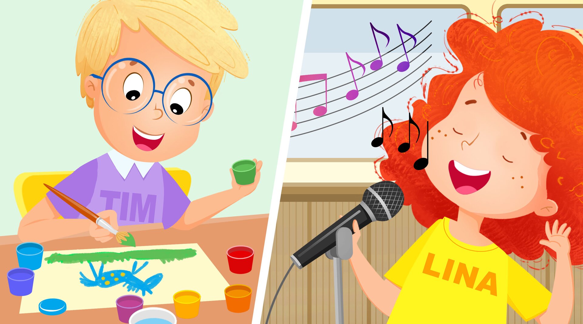 Tim maluje farbkami. Lina śpiewa do mikrofonu. 