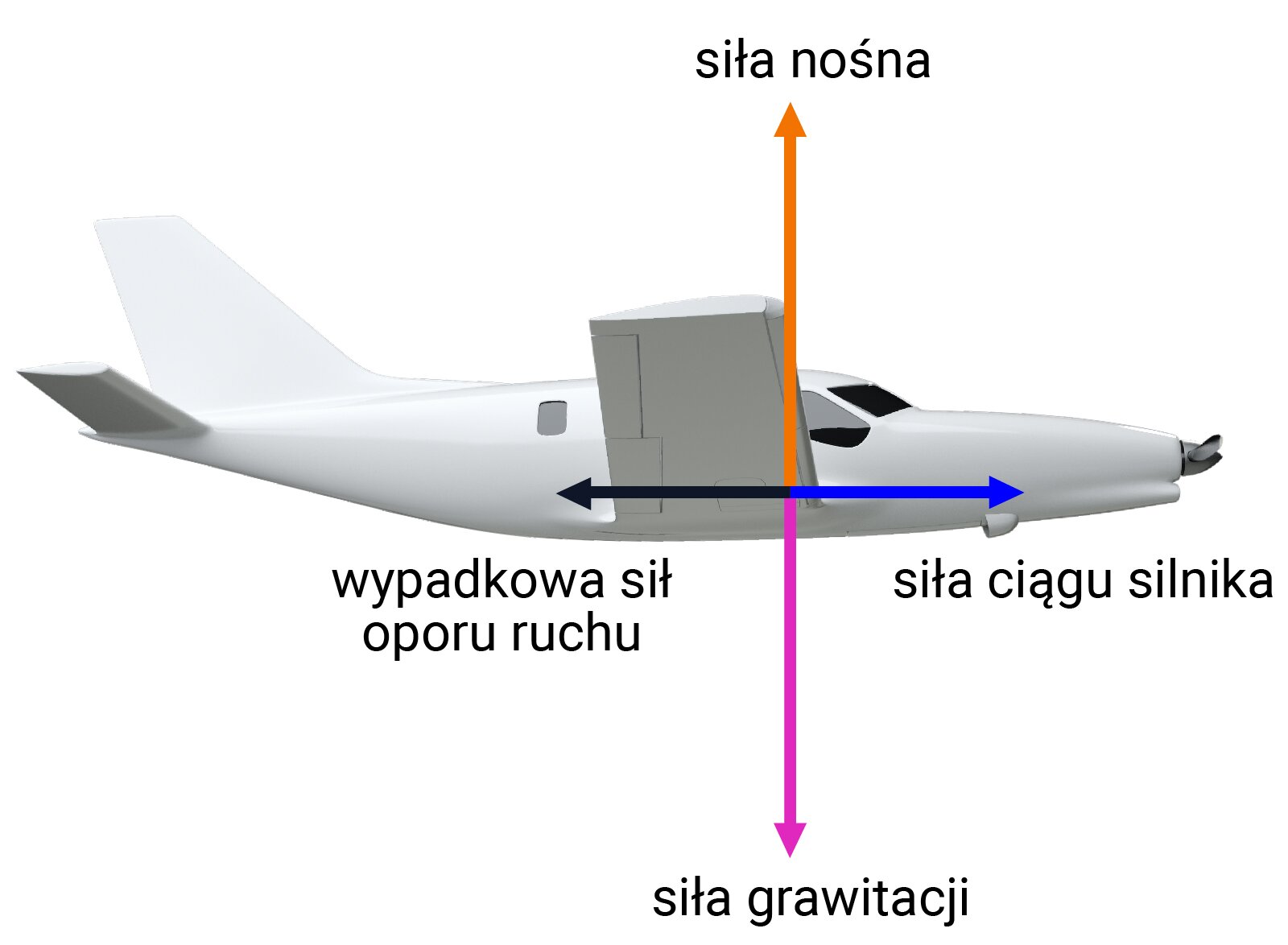 Rysunek przedstawia rozkład sił działających na samolot lecący poziomo w prawo. Siły działające na skrzydło to: siła nośna. Jej wektor jest pionowy i ma zwrot w górę. Siła ciężkości. Jej wektor jest pionowy i ma zwrot w dół. Siła ciągu silnika. Jej wektor jest poziomy i ma zwrot w prawo, czyli zgodny z kierunkiem ruchu. Wypadkowa sił oporu ruchu. Jej wektor jest poziomy i ma zwrot w lewo, czyli przeciwny do kierunku ruchu.