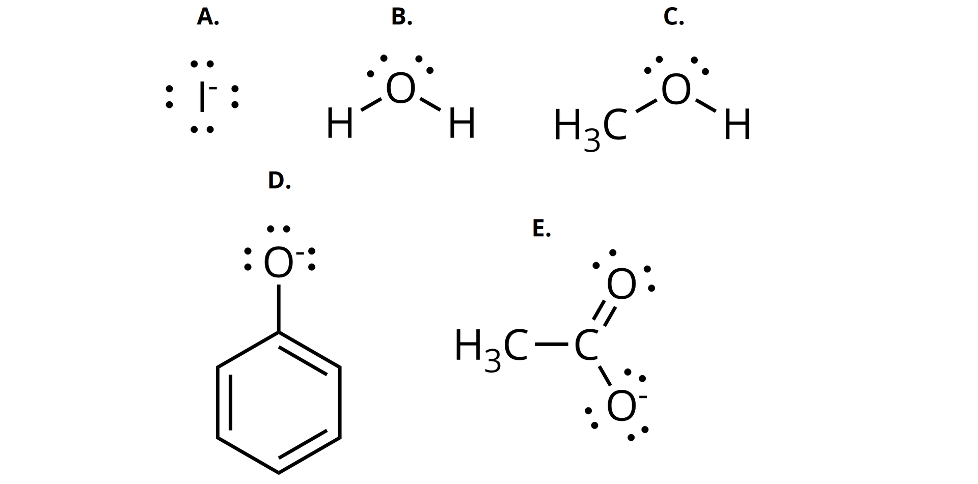 Ilustracja przedstawiająca wzory nukleofilów: a) anion jodkowy posiadający cztery wolne pary elektronowe z zaznaczonym znakiem minus w indeksie górnym; b) cząsteczka wody, zbudowana z atomu tlenu posiadającego dwie wolne pary elektronowe i związanego z dwoma atomami wodoru; c) metanol zbudowany z grupy metylowej połączonej z grupą hydroksylową, w której na atomie tlenu zlokalizowane są dwie wolne pary elektronowe; d) anion fenolanowy zbudowany z pierścienia fenylowego połączonego z atomem tlenu obdarzonym ładunkiem ujemnym z zaznaczonymi trzema wolnymi parami elektronowymi; e) anion octanowy zbudowany z grupy metylowej połączonej z atomem węgla związanym z dwoma atomami tlenu, z pierwszym za pomocą wiązania podwójnego, a z drugim za pomocą wiązania pojedynczego. Pierwszy wspomniany atom tlenu w anionie posiada dwie wolne pary elektronowe, a drugi trzy.