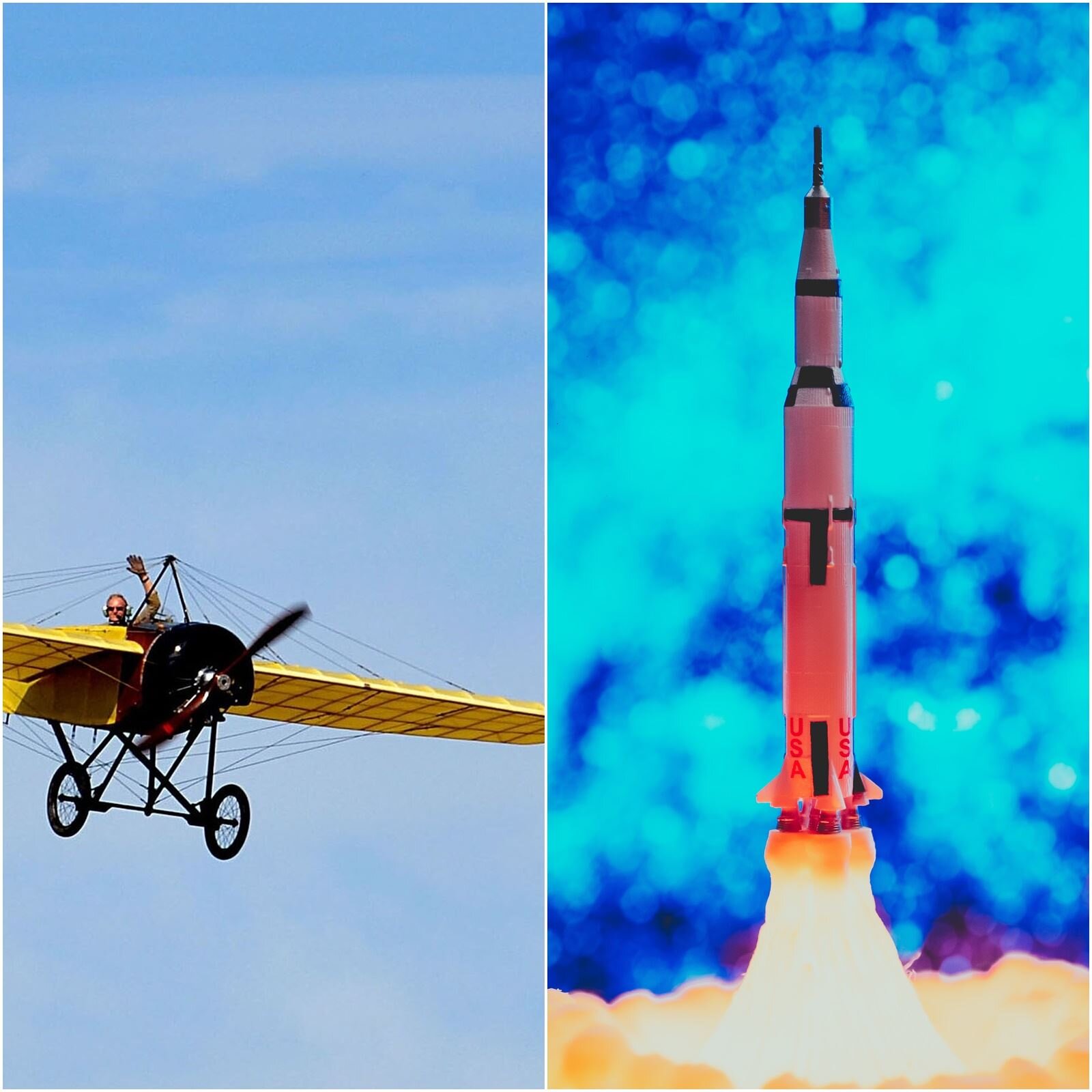 Ilustracja składa się z dwóch zdjęć. Na zdjęciu po lewej stronie widoczny jest lecący niewielki samolot, z lekkimi skrzydłami, śmigłem z przodu oraz nieskładanym podwoziem złożonym z dwóch kół zamocowanych na ramie. W samolocie widoczna jest postać pilota machającego lewą ręką. Na zdjęciu po prawej stronie widoczna jest rakieta w trakcie startu.