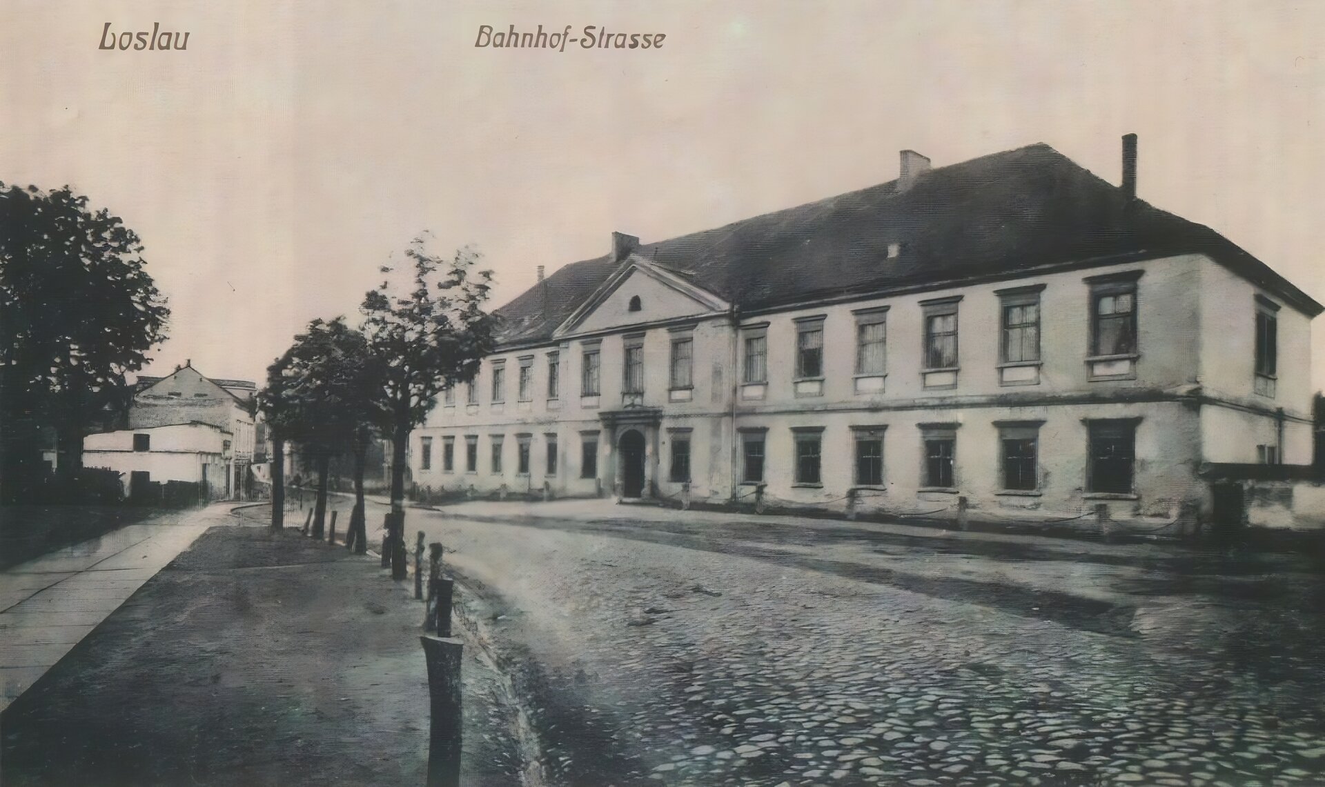 Kliknij, aby powiększyć Zdjęcie przedstawia ścianę frontową i boczną pałacu Dietrichsteinów w Wodzisławiu w 1909 roku. Jest to murowany budynek piętrowy na planie wydłużonego prostokąta. Jego fasada jest symetryczna, ze słabo zaznaczonym ryzalitem wejściowym. Parter jest wydzielony gzymsem. Okna są obramione, nad nimi belkowanie. Ryzalit wejściowy jest zwieńczony trójkątnym przyczółkiem z kartuszem herbowym. Portal jest zamknięty półkoliście, flankowany zdwojonymi pilastrami dźwigającymi przełamujące się belkowanie. Dach czterospadowy i dwuspadowy jest pokryty dachówką. Pałac stoi przy brukowanej drodze, po obu stronach drogi słupy, w tle drzewa i budynki.