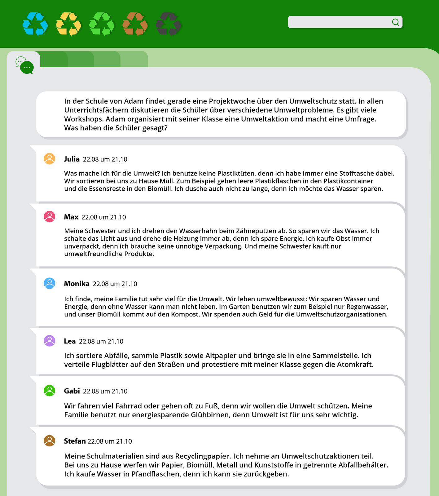 Ilustracja przedstawia komentarze do wpisu na stronie internetowej. Widocznych jest 6 komentarzy od sześciu różnych osób. Nad komentarzami widoczne są symbole recyklingu. Transkrypcja komentarzy dostępna jest poniżej. 