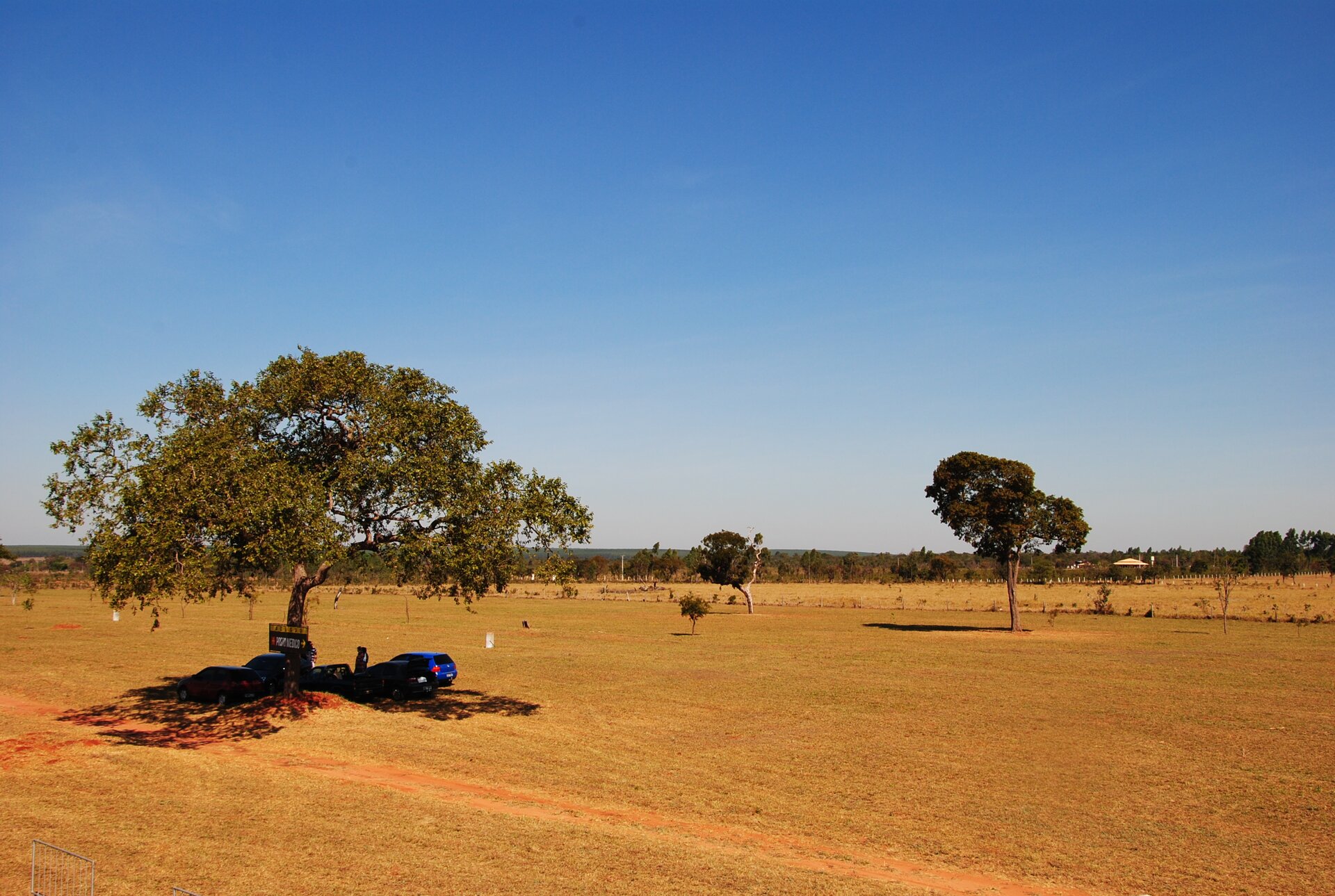 Na zdjęciu sucha, pomarańczowa gleba. W oddali pojedyncze drzewa. Po lewej stronie fotografii pod drzewem w cieniu samochody. Glebę porasta sucha trawa.