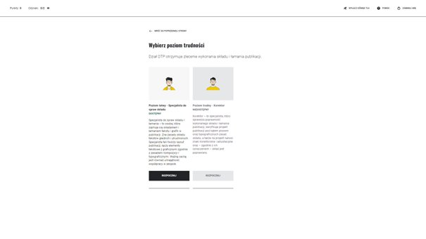 Grafika przedstawia panel gry edukacyjnej z wyborem poziomu trudności, gdzie rozpoczynamy zadania od poziomu łatwego i po ukończeniu danego poziomu będziemy mogli zacząć robić zadania z poziomu trudnego. Przycisk rozpoczęcia umieszczony jest poniżej informacji o danym poziomie trudności.