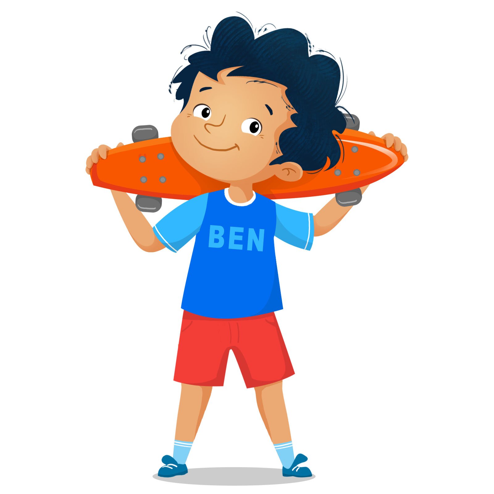 Ilustracja przedstawia ciemnowłosego chłopca w niebieskiej koszulce .Trzyma deskorolkę.