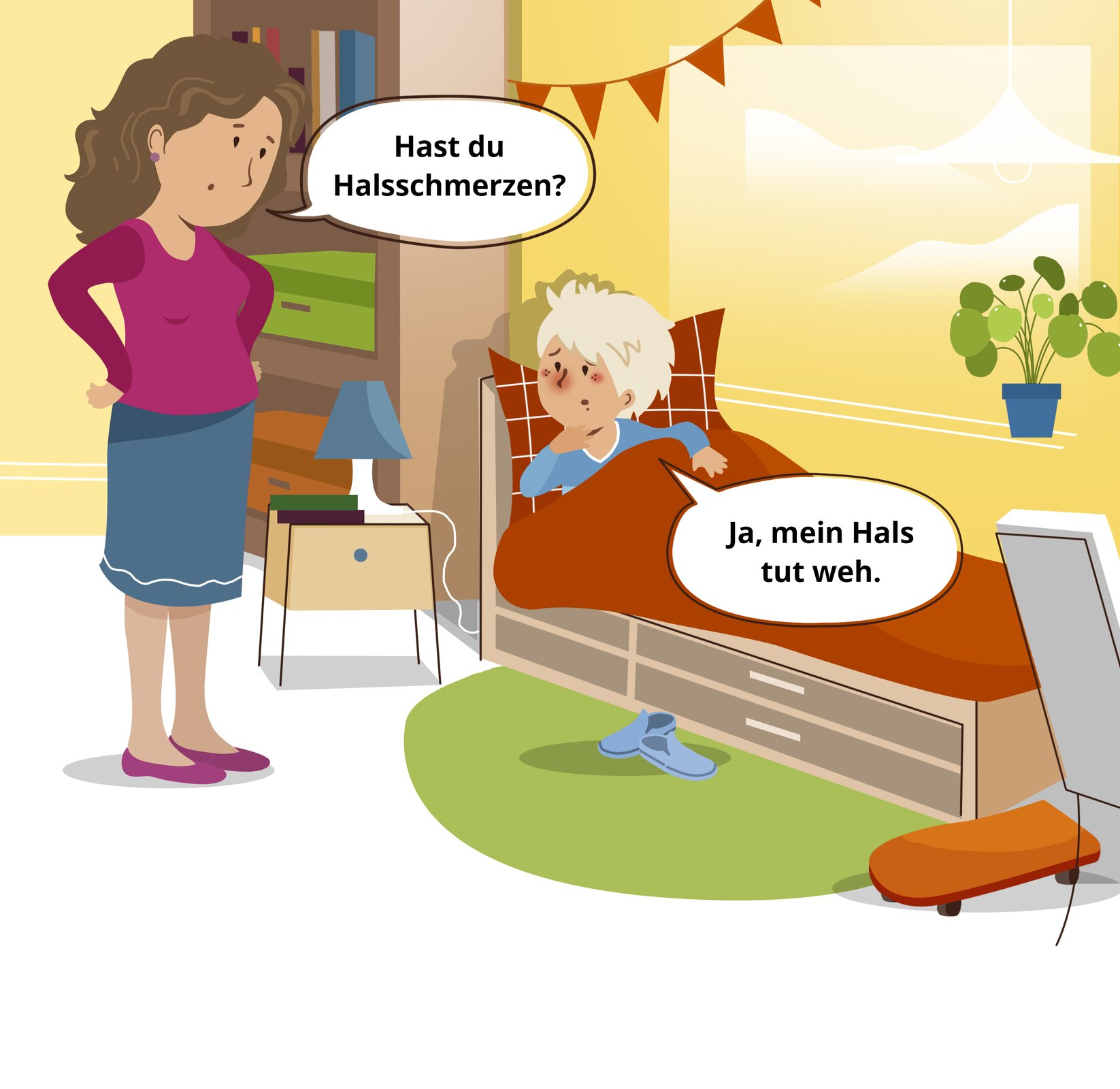 Ilustracja przedstawia ten sam pokój, co wcześniej. Przy łóżku stoi mama chłopca. Jest to kobieta w niebieskiej spódnicy, fioletowej bluzce. Ma ona długie brązowe włosy. Stoi z rękoma opartymi o biodra. Fabian leży, ma zaczerwieniony nos, zwraca się w stronę mamy. Przy postaciach są dymki wypowiedzi. Ich rozmowa jest następująca. Mama: Hast du Halsschmerzen? Fabian: Ja, mein Hals tut weh.