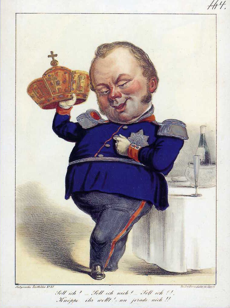 Ilustracja przedstawia karykaturalną postać mężczyzny w niebieskim mundurze i ogromną głową. Mężczyzna ma lekki zarost, jest uśmiechnięty. Jest otyły, ma małe nogi. W ręku trzyma dużą koronę.