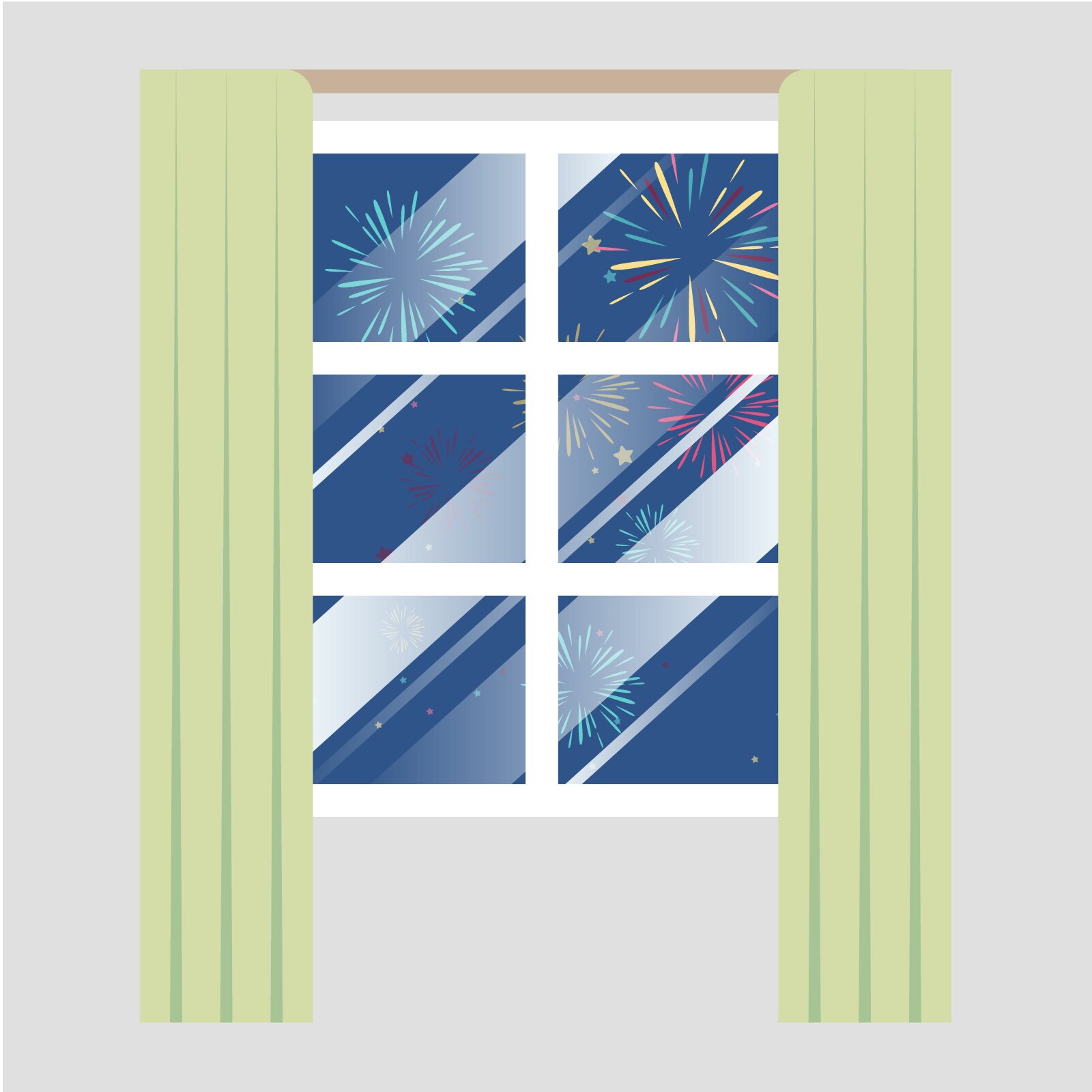 Ilustracja przedstawia okno, za którym strzelają fajerwerki. 