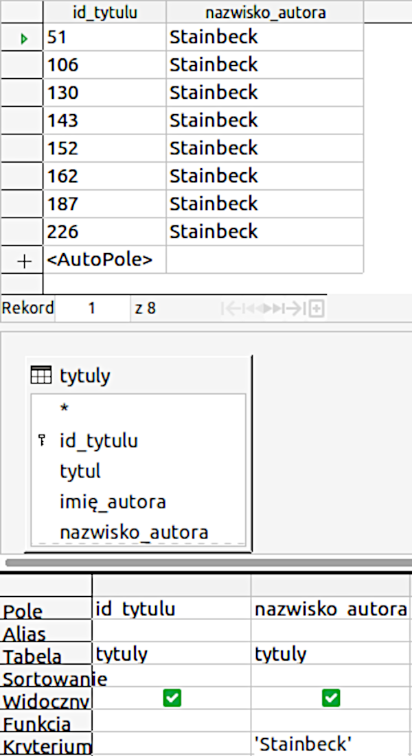 Ilustracja przedstawia zrzut ekranu z programu. W górnej części widoczna jest tabela zawierająca informację na temat id tytułu oraz nazwiska autora. Poniżej widoczne jest kwadratowe pole z informacjami na temat tytułów. Poniżej ponownie widoczna jest tabela z większą ilością informacji na temat id tytułu oraz nazwiska autora. 
