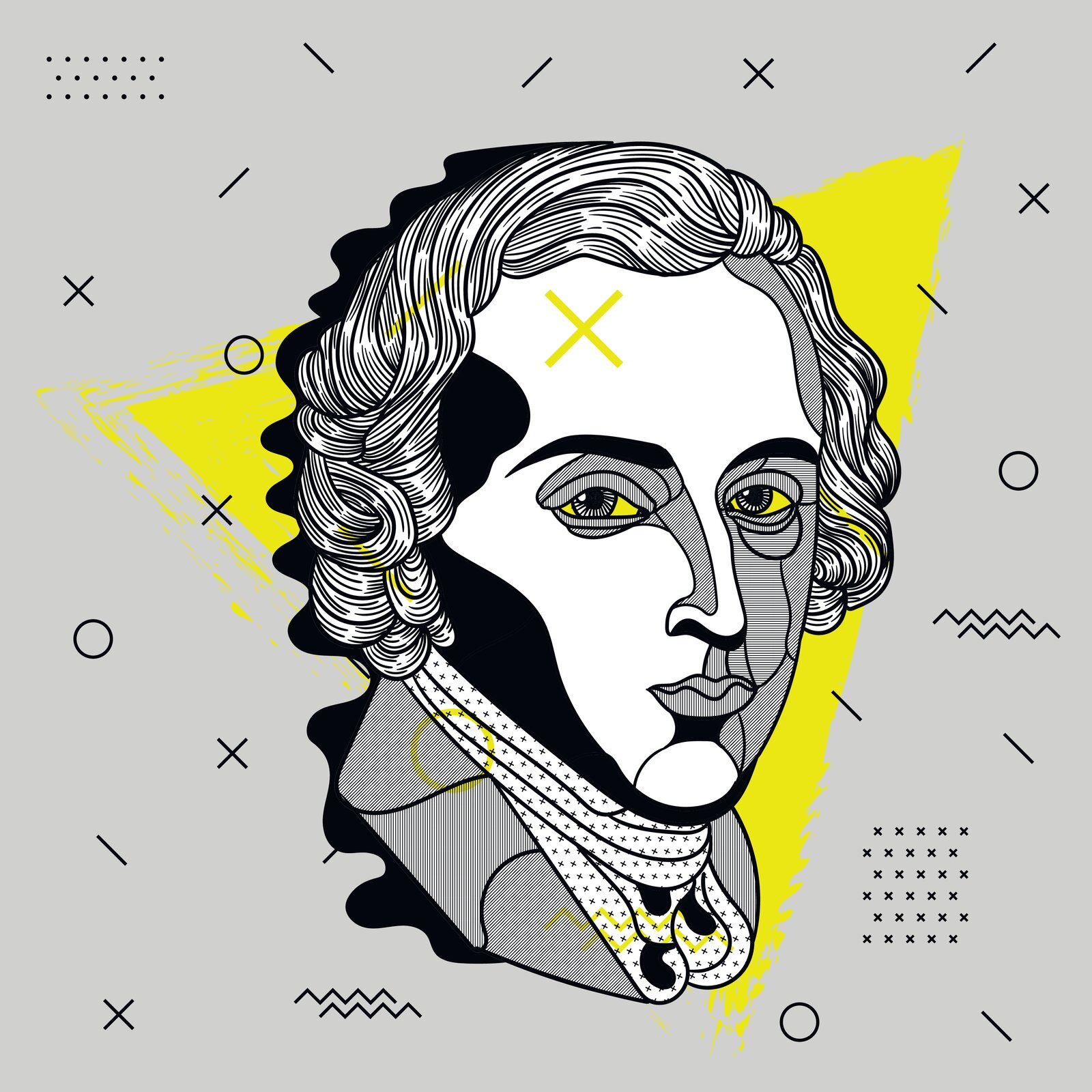 Ilustracja przedstawia współczesną karykaturę Fryderyka Chopina. Grafikę stworzono z geometrycznych wzorów i kształtów. Twarz mężczyzny przedstawiono z prawego profilu. Składa się ona z białego pola, a także z różnych obłych kształtów, które są białe z licznymi cienkimi czarnymi liniami. Oczy są żółte, a brwi zamalowano na czarno. Mężczyzna ma mały nos i kręcone włosy, stworzone z cienkich, czarnych linii. W tle znajduje się żółtozielony trójkąt, a dalej szary kolor z narysowanymi wzorami geometrycznymi.