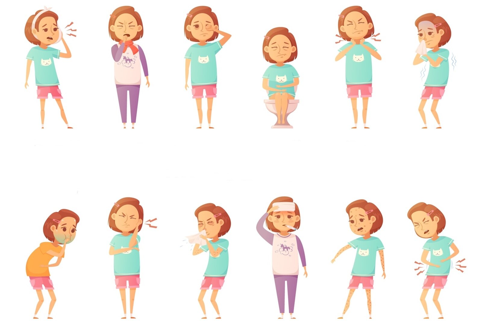 Grafika przedstawia 12 postaci kobiet, u których występują różne dolegliwości, takie jak: ból zęba, kaszel, zapuchnięte oczy, biegunka, ból gardła, katar, mdłości, ból ucha, gorączka czy ból brzucha.