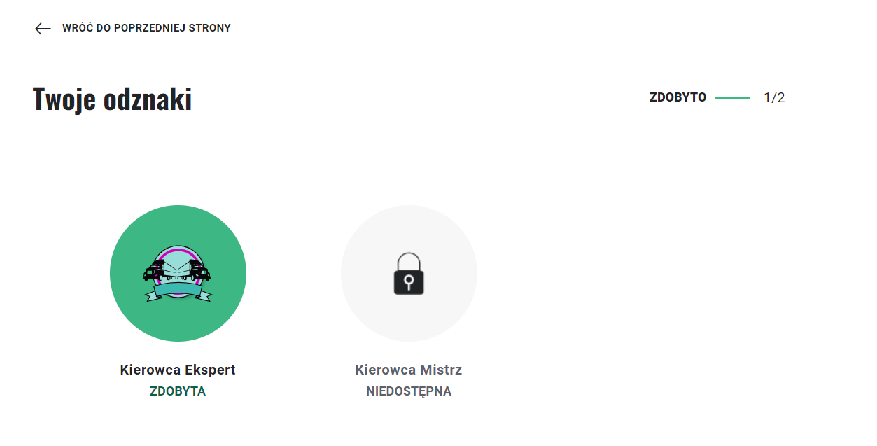 Przykładowy ekran z uzyskanymi odznakami